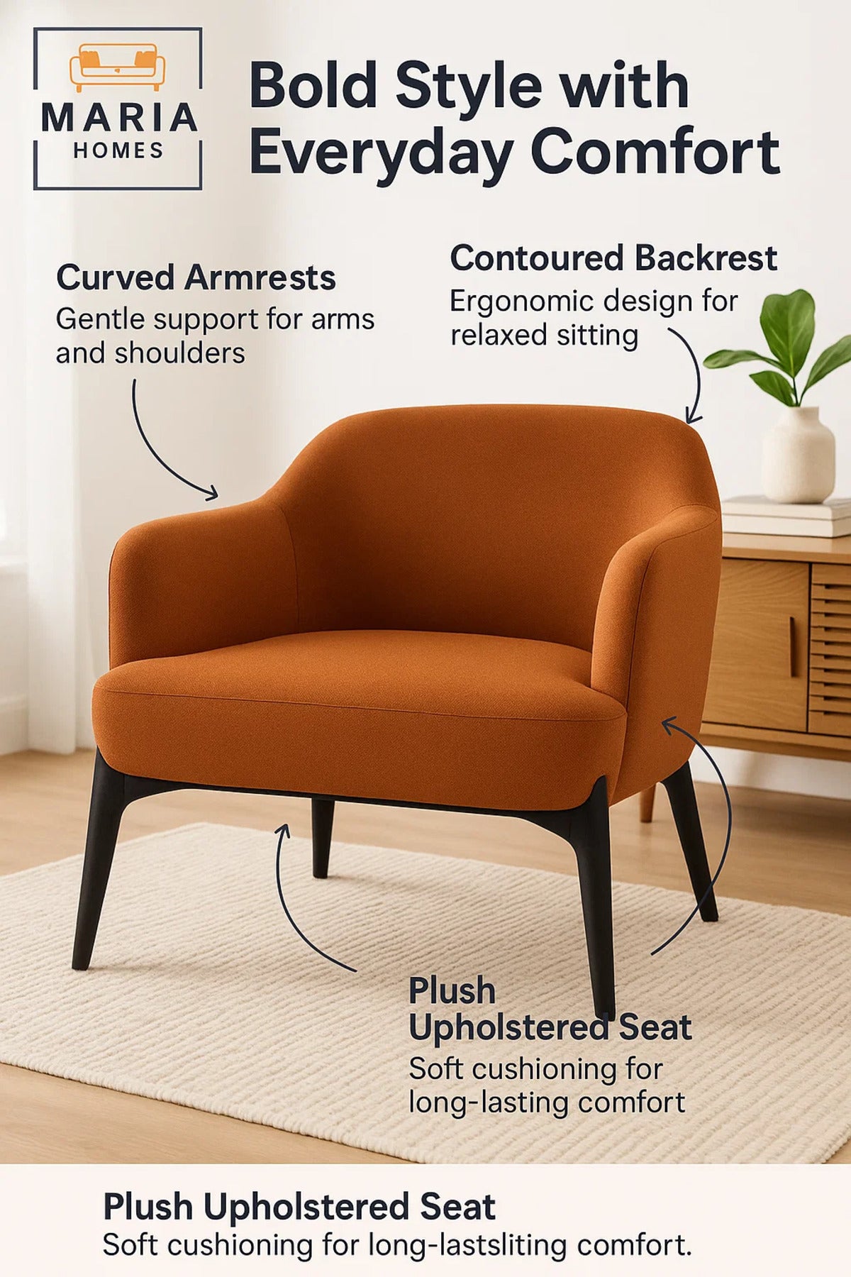 Modern Rust Fabric Armchair with Black Legs
