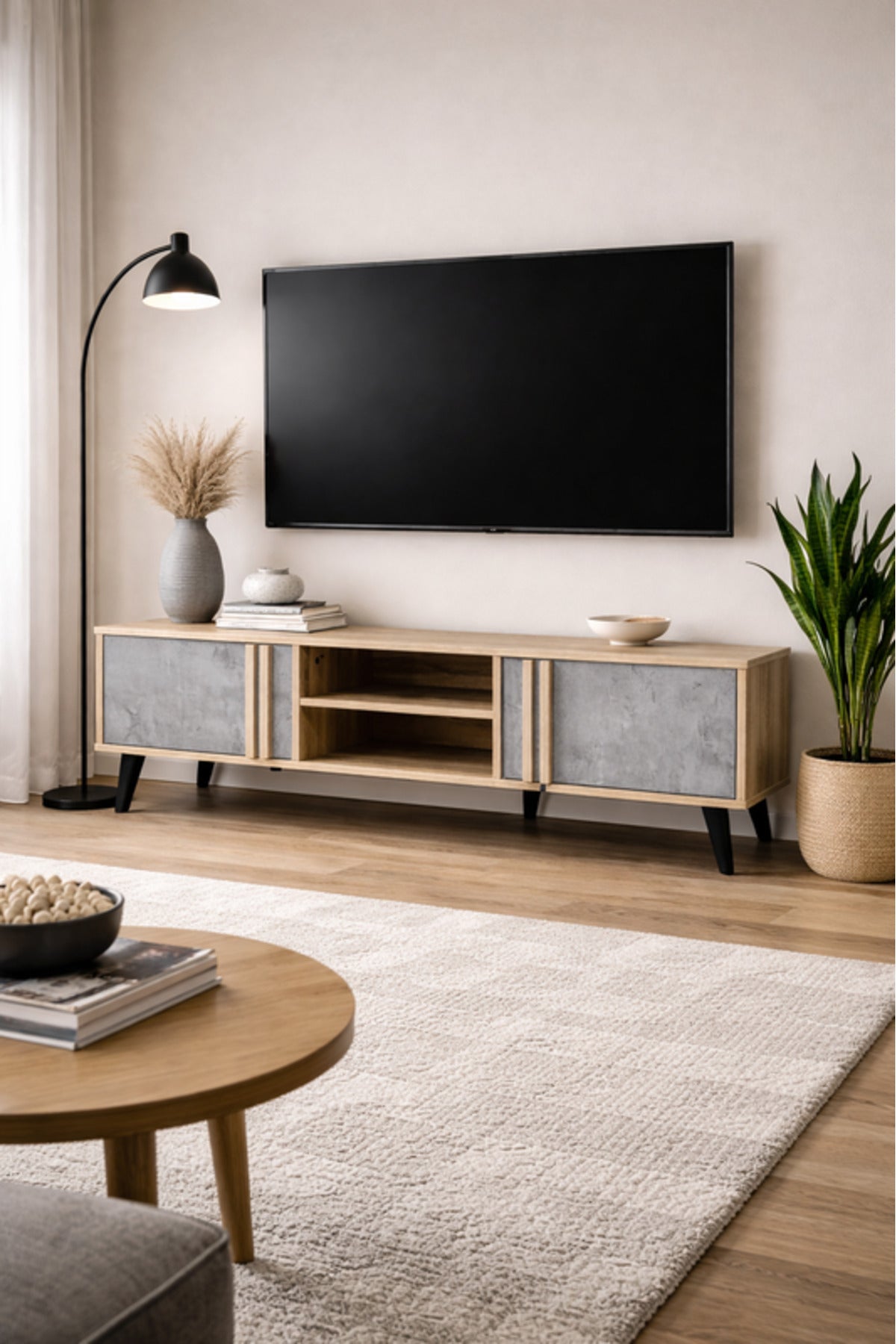 Modern Wood and Grey TV Stand with Storage 180 _ 40 _ 45 cm