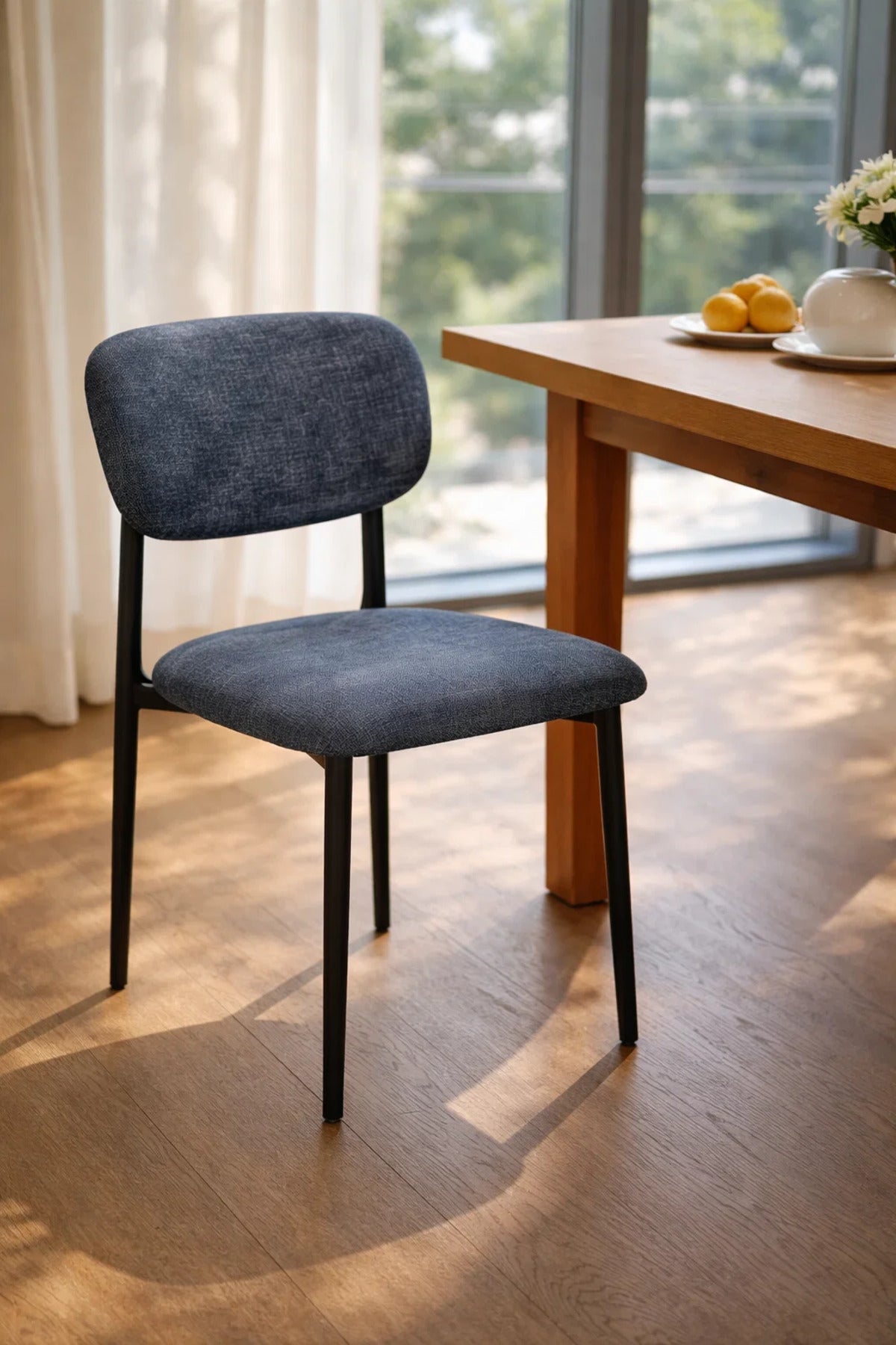 Dark Grey Upholstered Dining Chair with Black Metal Legs Modern Fabric Dining Chair