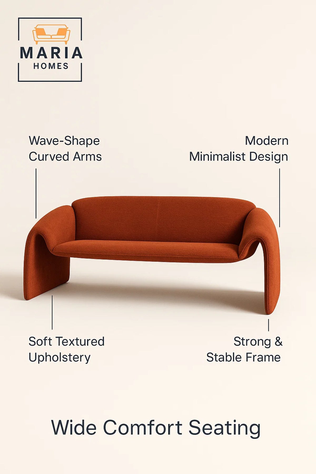 Modern Orange Sofa √ê Curved Fabric 3-Seater for Living Room & Lounge Spaces