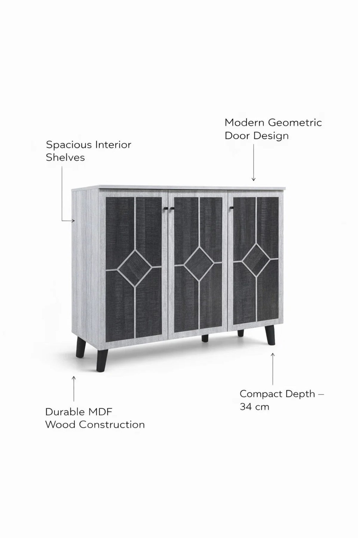 Modern Grey Wood Shoe Cabinet 3-Door Entryway Organizer Rack Geometric Design 120cm Width