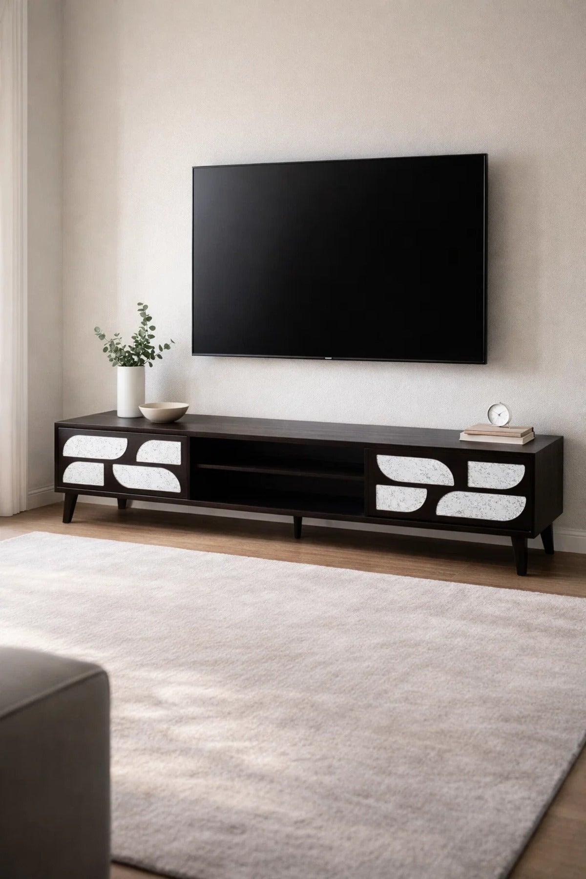 Luxury 200cm TV Table Media Stand with Patterned Doors Dark Brown Finish for Modern Living Rooms