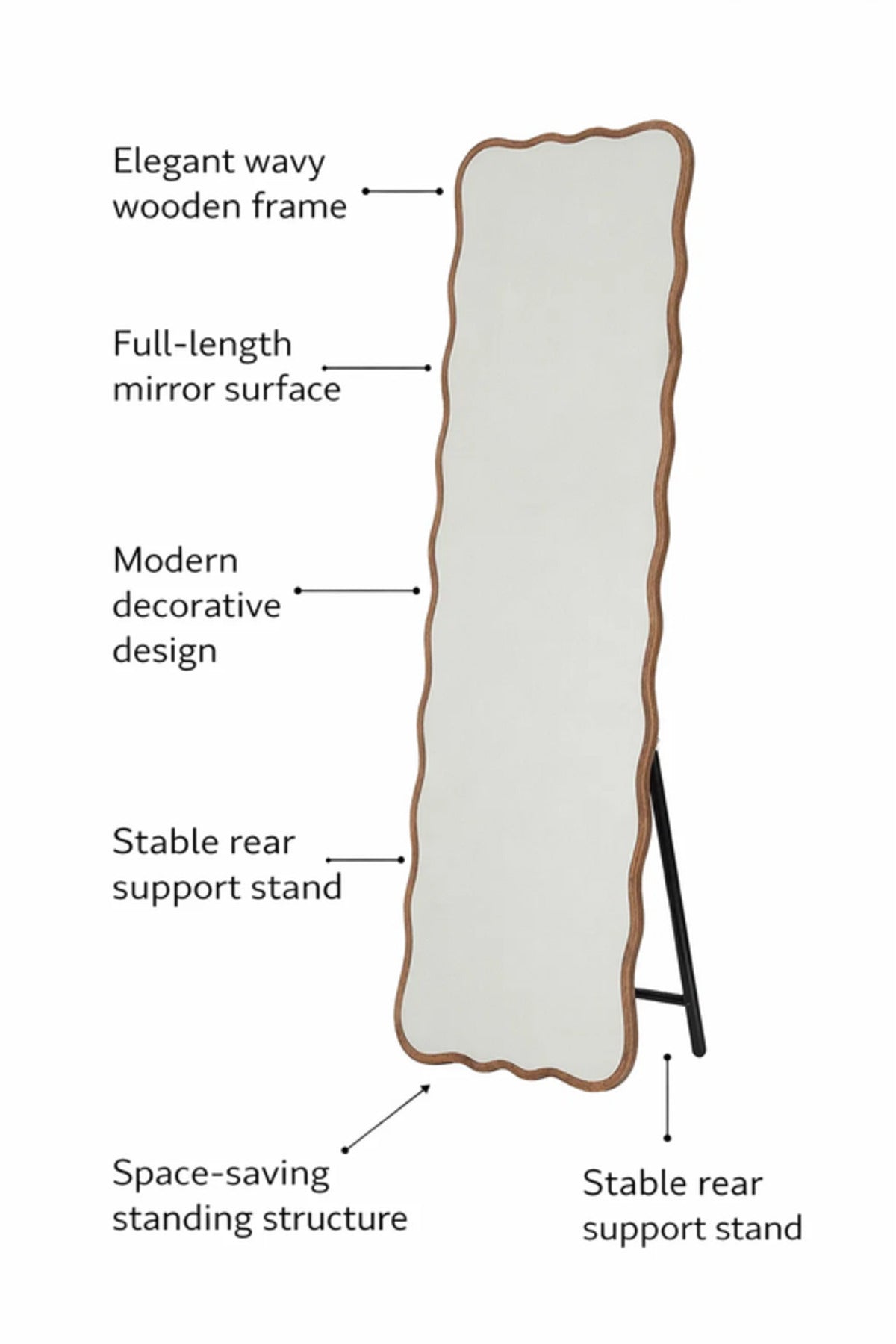 Wavy Wood Frame Floor Mirror Full Length Standing Mirror for Bedroom