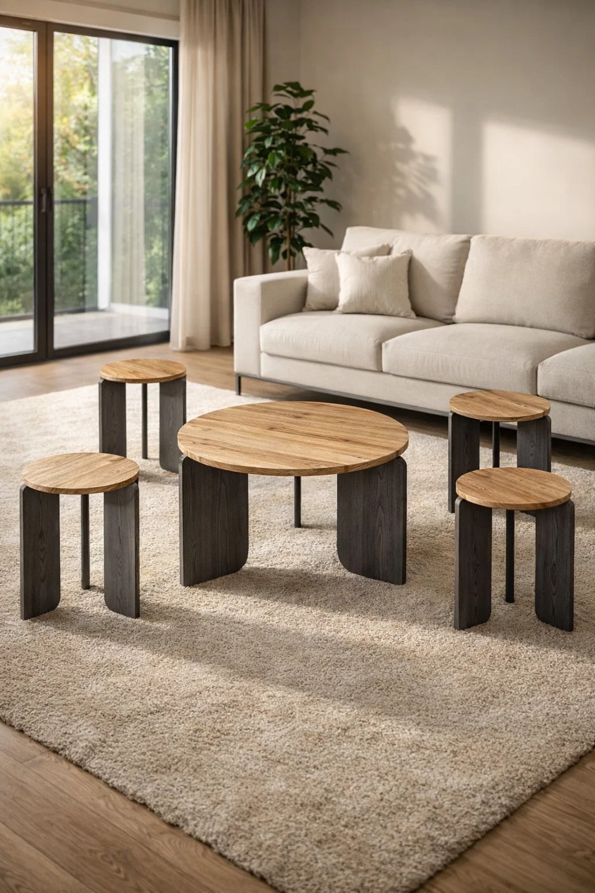 Modern 5-Piece Round Coffee Table Set Wood & Grey Center Table with 4 Side Tables Living Room
