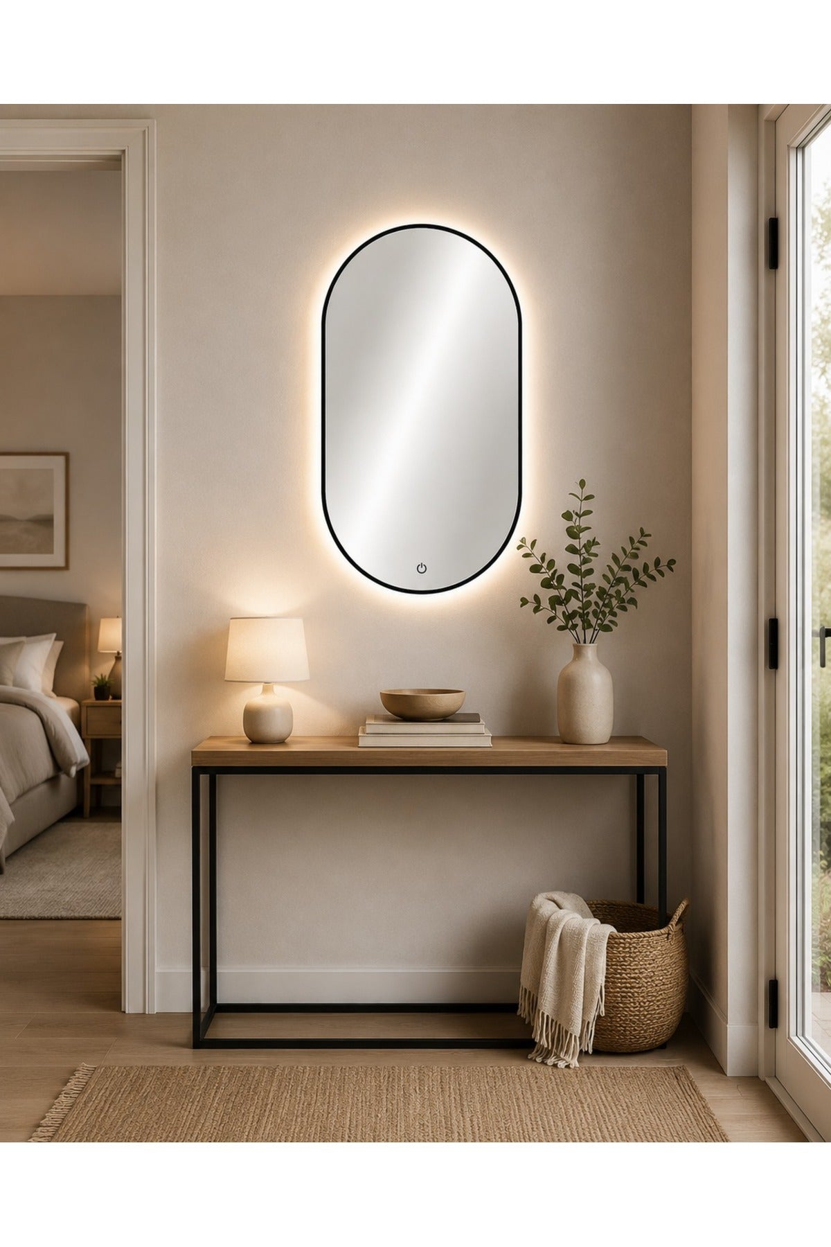 Minimalist Oval LED Wall Mirror with Touch Sensor & Warm Backlight √ê Modern Decorative