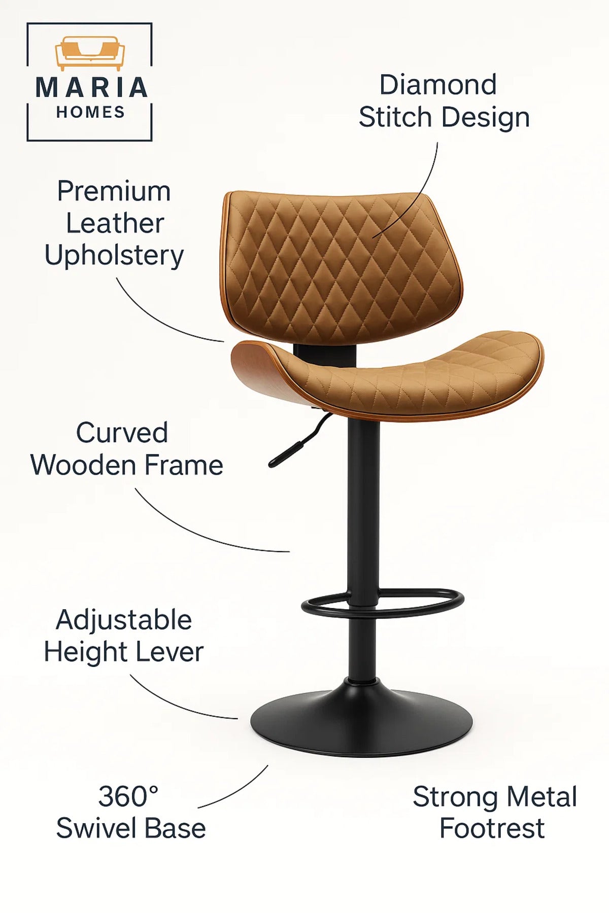 Dark Brown Modern Adjustable Bar Stool for Kitchen Island & Home Bar, Swivel, Cushioned Seat