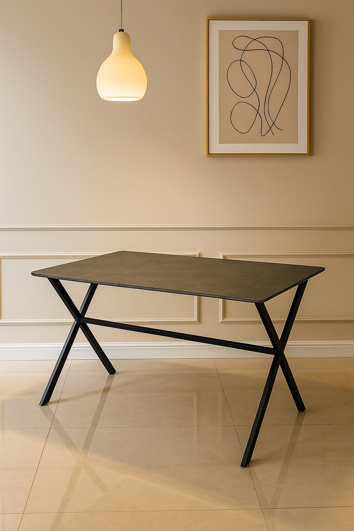 Modern Grey Dining Table Ð 150_90_77 cm | Stone Finish Tabletop with Black Cross Metal Legs
