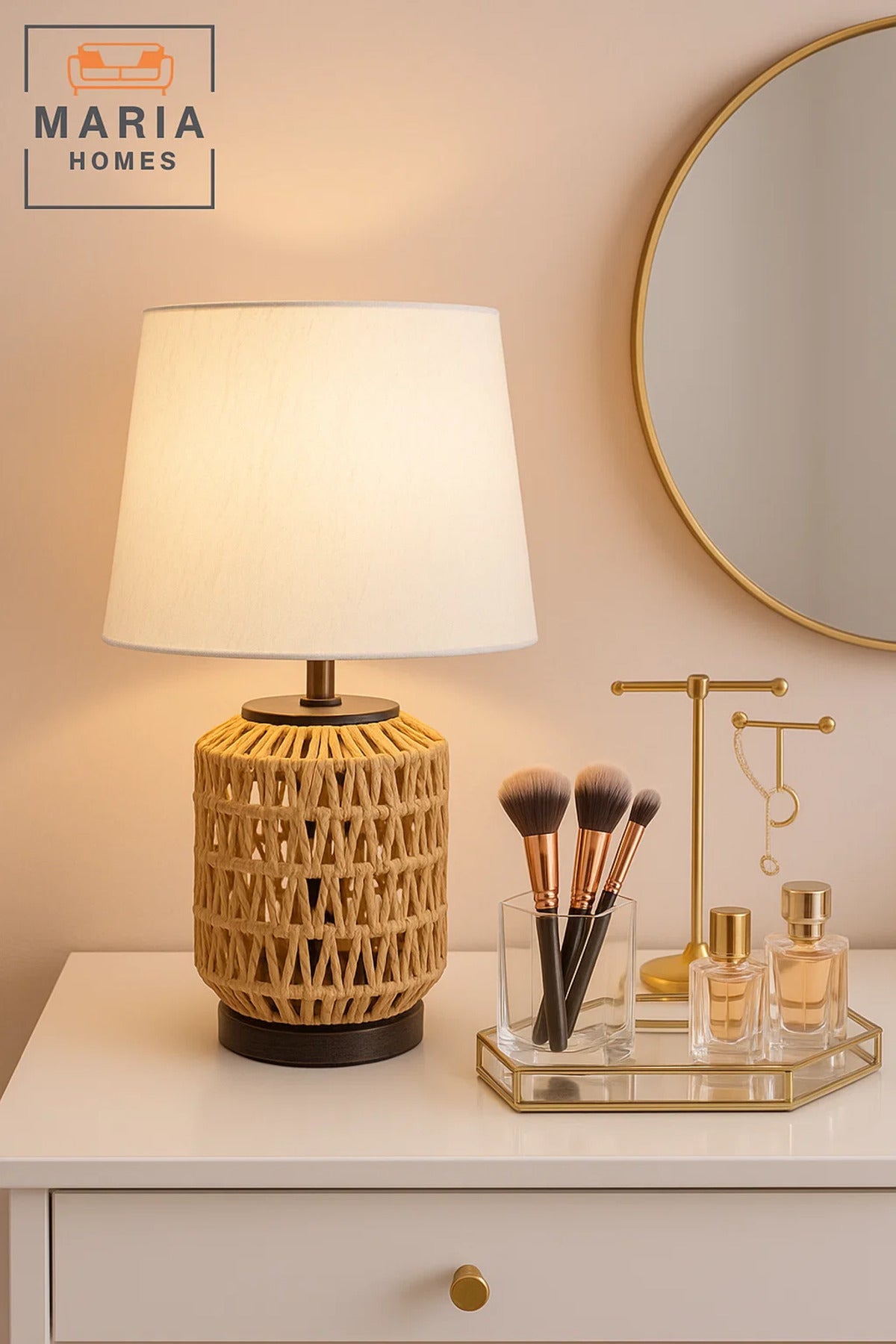 Woven Rattan Table Lamp with White Shade