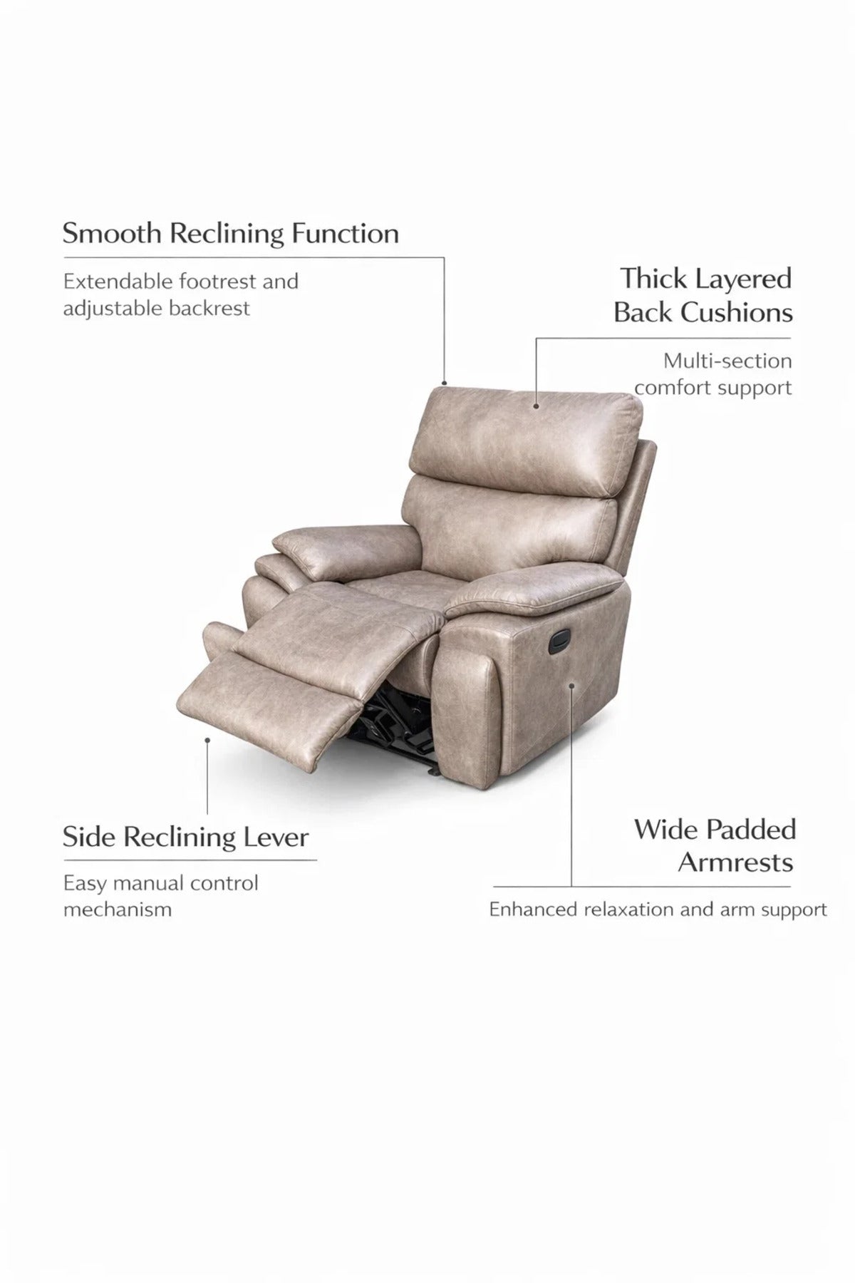 Premium Light Brown Leather Recliner Armchair with Cup Holder and Lumbar Support for Home Comfort