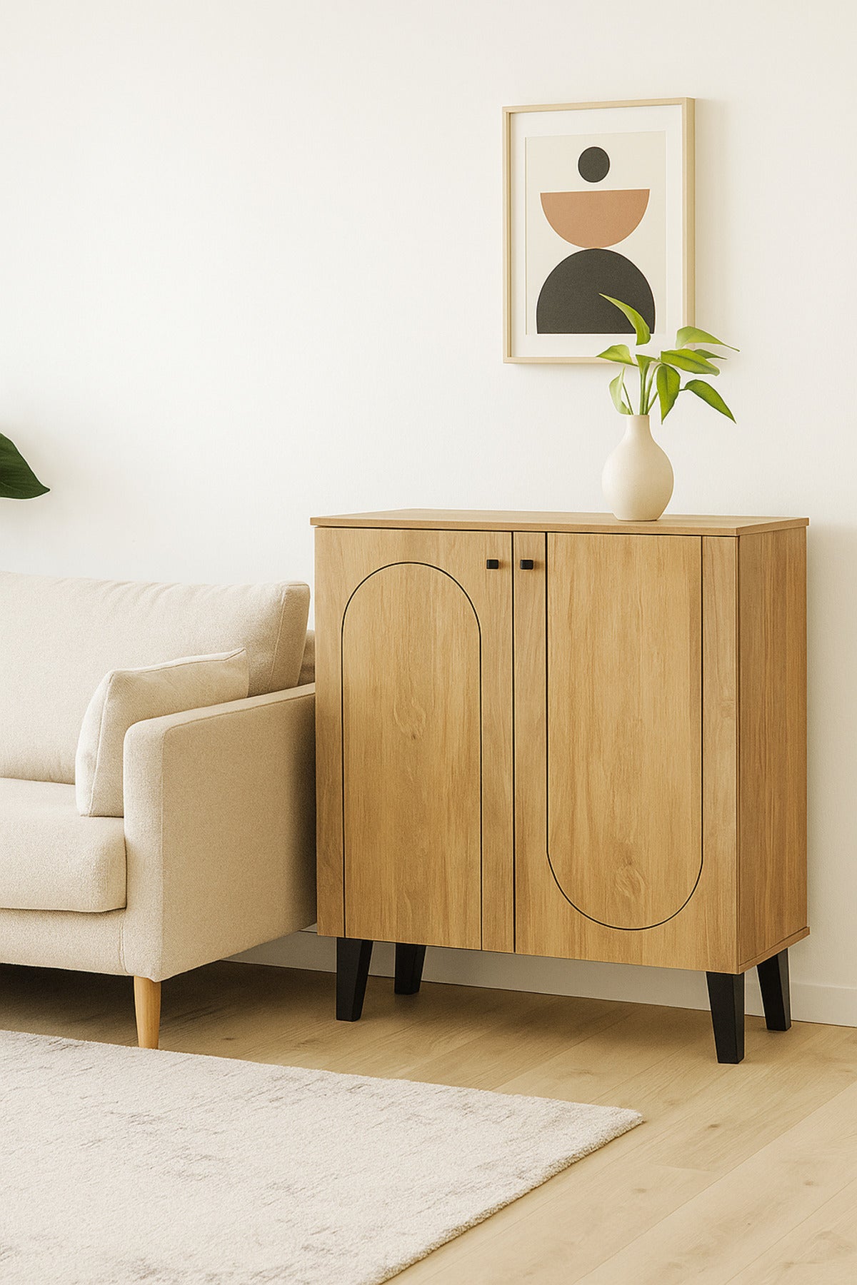 Light Brown Wooden Storage Cabinet 80_32_94 cm Ð Modern 2-Door Cupboard with Arch Design