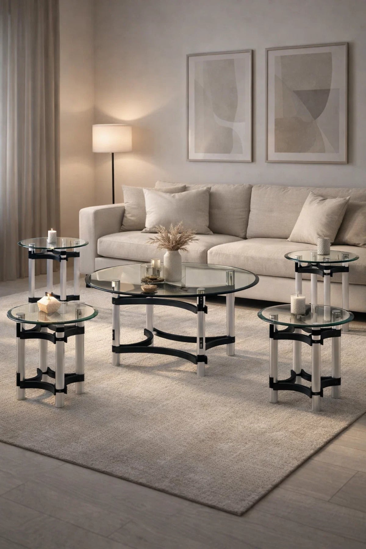 5-Piece Glass Coffee Table Set with Black Acrylic and Chrome Base √ê Modern Design for Living Room
