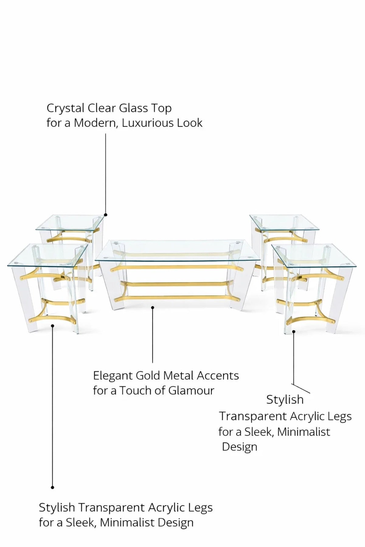 Elegant 5-Piece Glass Coffee Table Set with Gold Acrylic Base √ê Modern Living Room Furniture