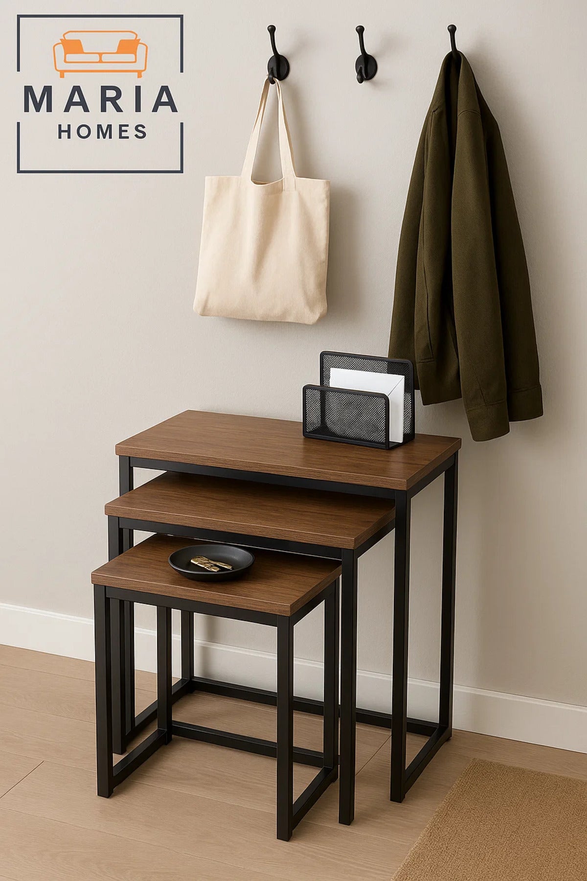 Set of 3 Rectangular Nesting Tables with Wood Tops and Black Frames