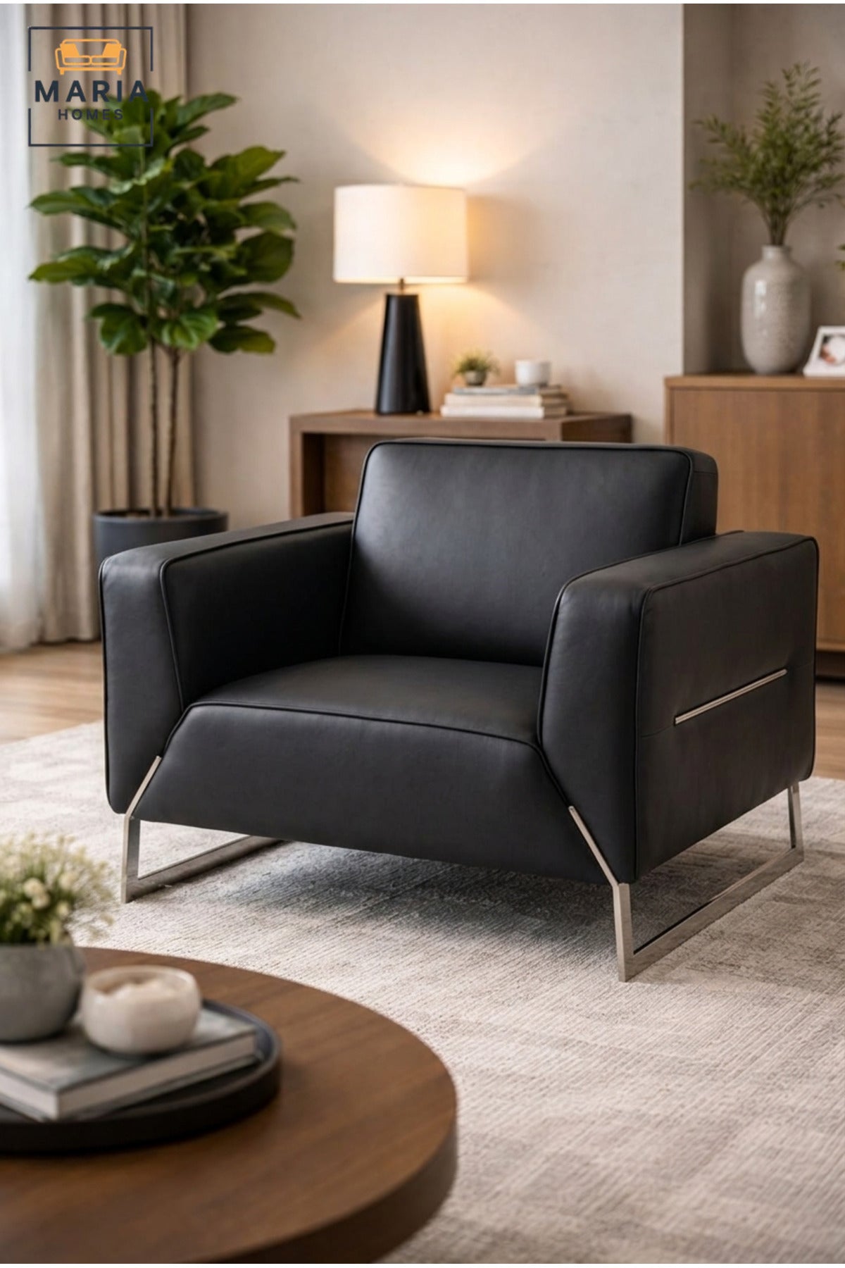 Modern Black Leather Armchair with Stainless Steel Sled Base, Wide Padded Seat & Armrests, Contemporary Accent Lounge Chair for Office Living Room Reception