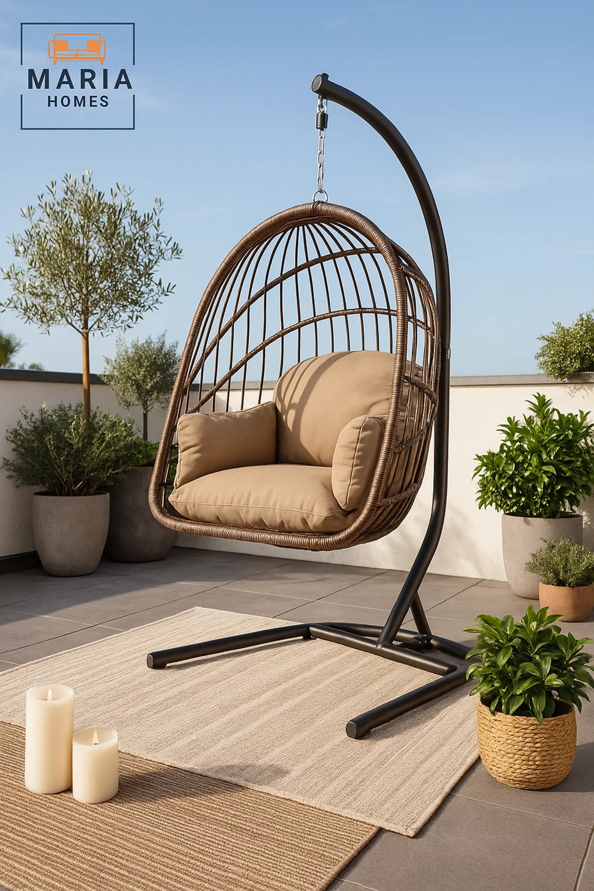 Stylish Rattan Hanging Egg Chair with Stand √ê Indoor Outdoor Swing Chair | Comfortable Cushion Seat