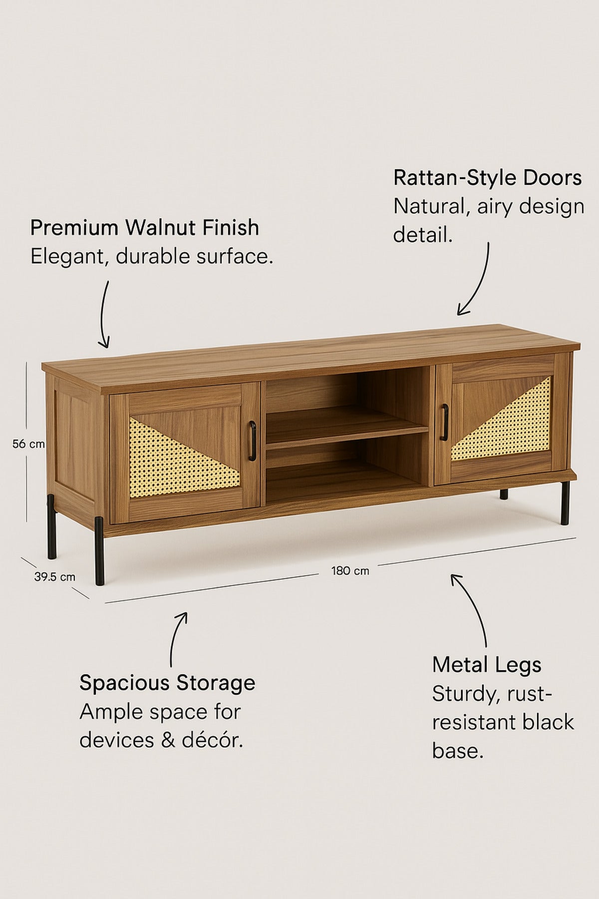 Modern Walnut TV Cabinet 160_39.5_56 cm Wooden Entertainment Unit with Rattan Design Doors