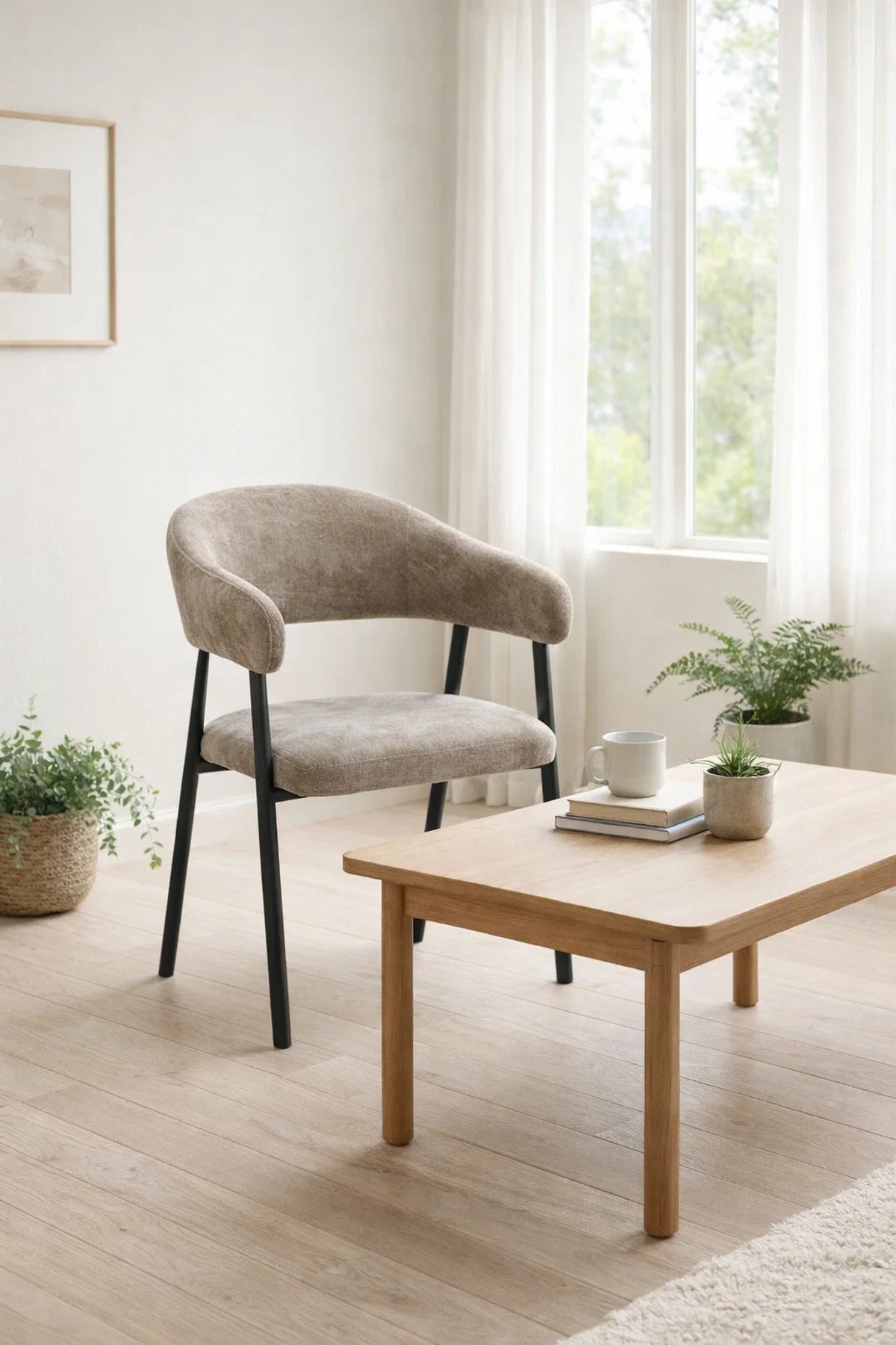 Dark Beige Fabric Arm Dining Chair 84x47x46cm Modern dark beige fabric Kitchen