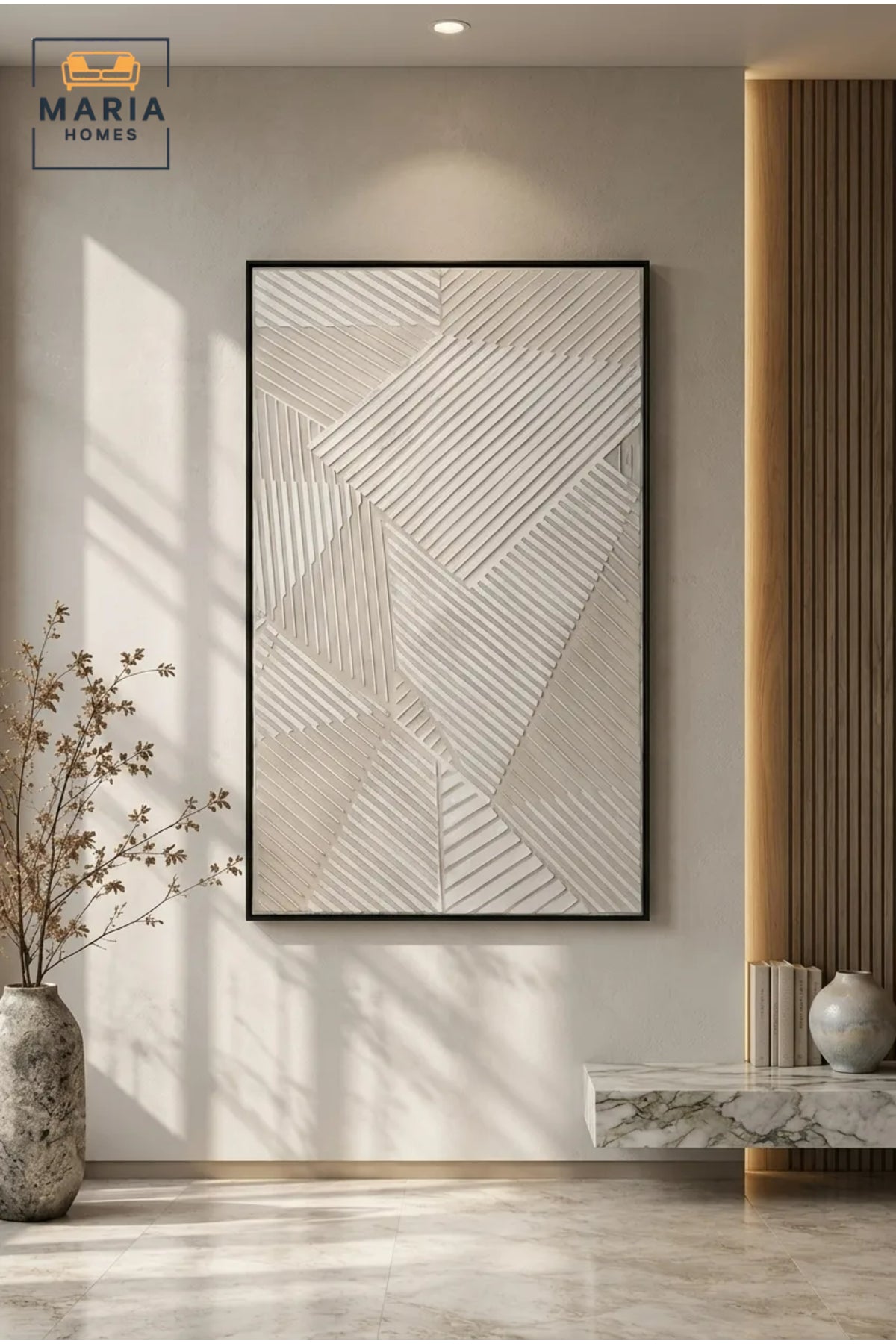 Modern Geometric Textured Wall Art Panel Ð Abstract White Relief Design with Black Frame