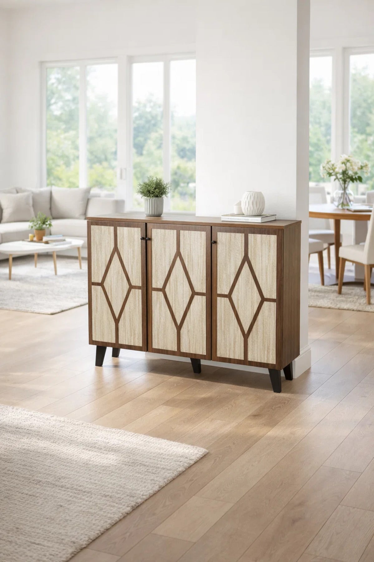 Brown and Beige Shoe Cabinet with Geometric Door Design 120 x 32 x 93 cm