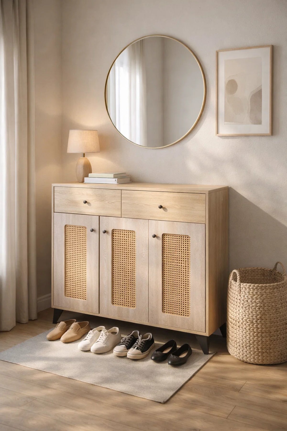 Wooden Shoe Cabinet with Rattan Doors and Drawers - Modern Storage Console for Hallway Entryway