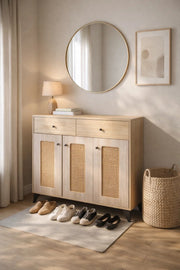 Wooden Shoe Cabinet with Rattan Doors and Drawers - Modern Storage Console for Hallway Entryway