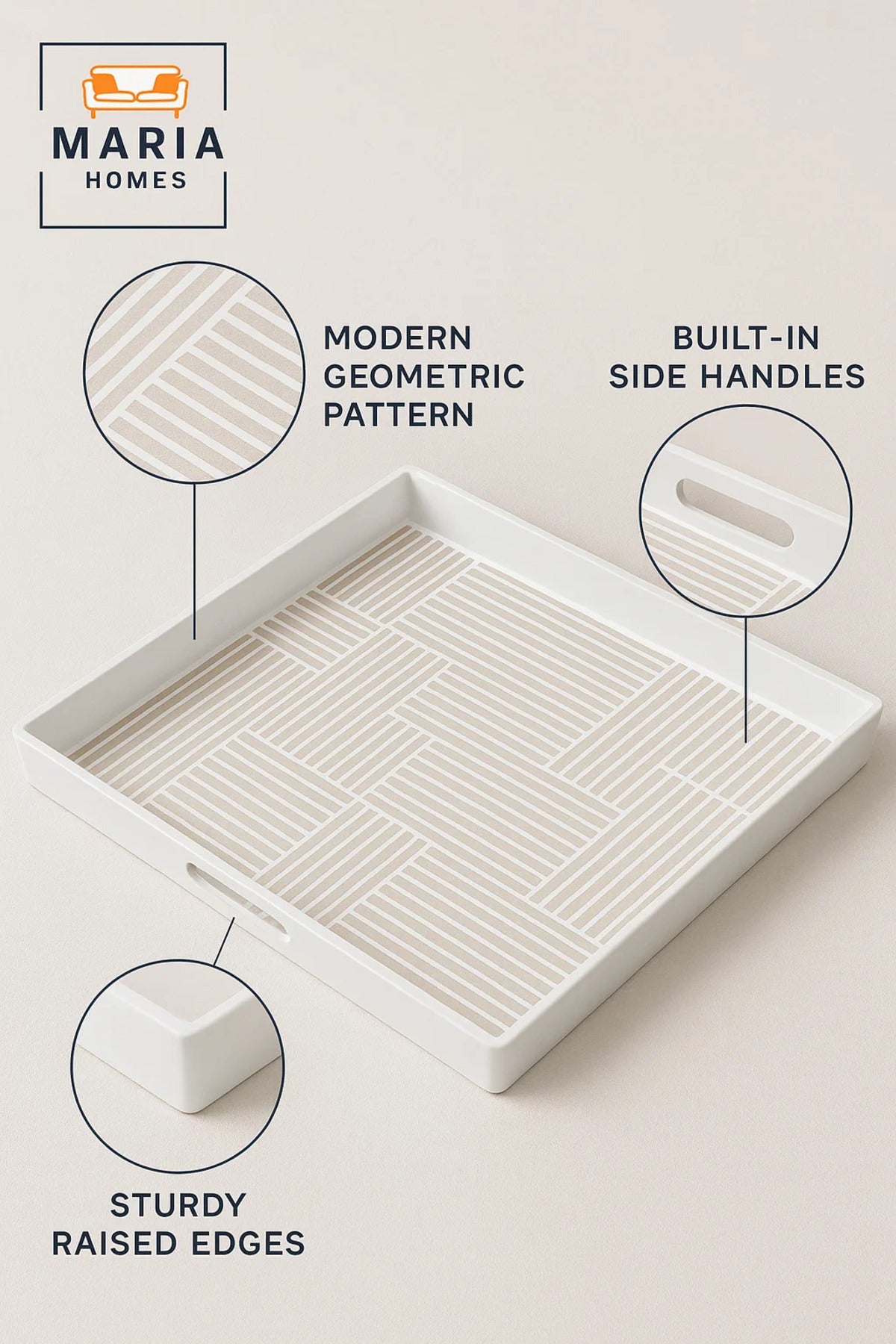 Square Plastic Serving Tray with Neutral Linear Block Pattern Ð White Frame