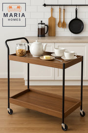 Modern 2-Tier Wooden Bar Cart Ð Walnut Finish Serving Trolley with Black Metal Frame and Wheels
