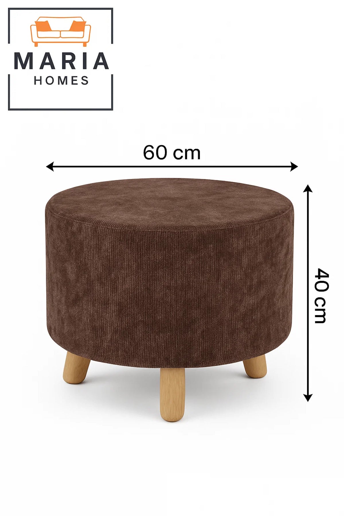 Round Brown Velvet Ottoman Stool Ð Modern Pouffe Footrest with Wooden Legs for Home Decor