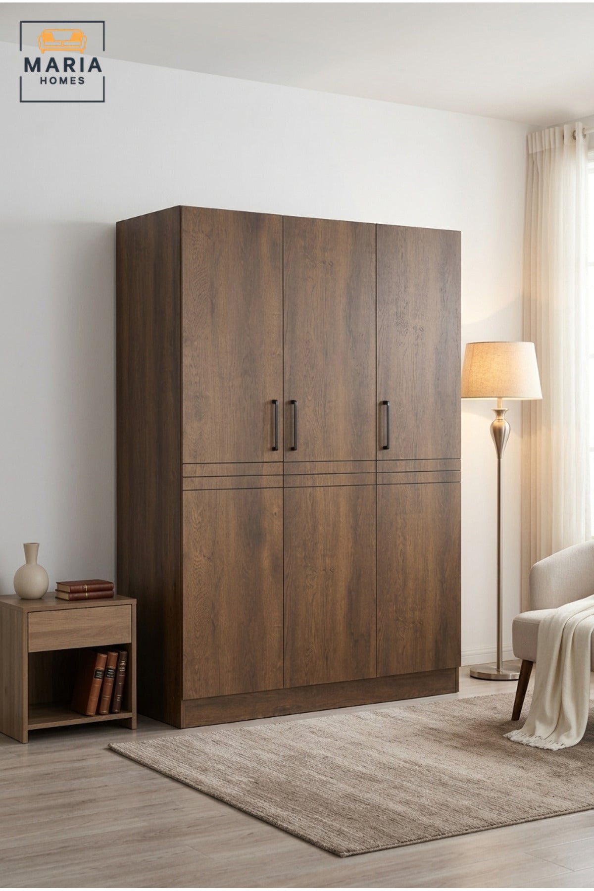 Modern 3-Door Wooden Wardrobe with Hanging Rail and Storage Shelves, Freestanding Bedroom Closet for Clothes, Accessories and Linen Organization
