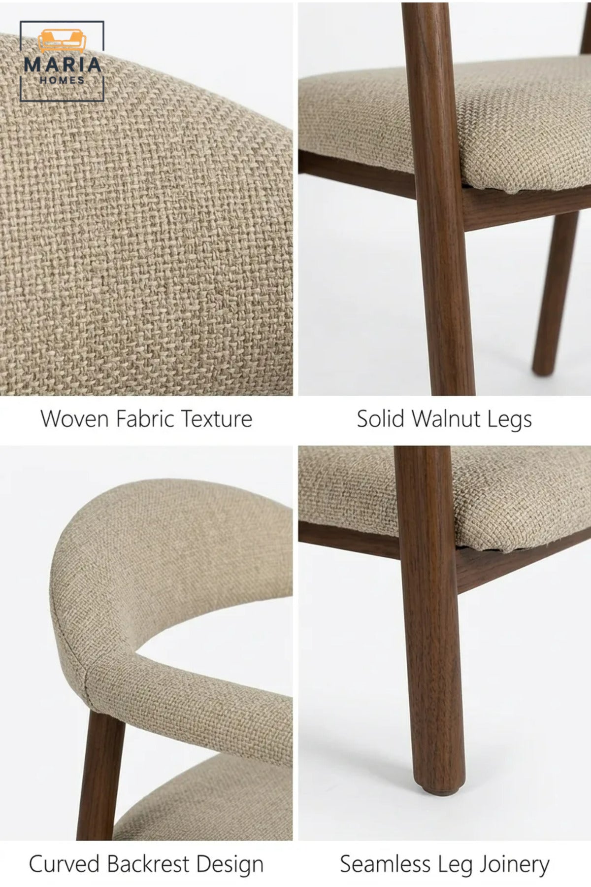Modern Upholstered Dining Chair with Curved Backrest, Solid Wood Frame, Fabric Seat, Contemporary Dining Room Kitchen Chair