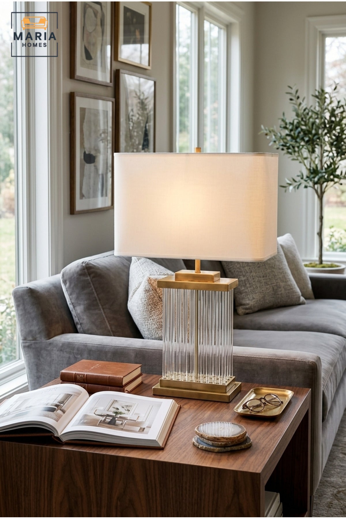 Luxury Rectangular Crystal Table Lamp with White Fabric Shade, Ribbed Clear Base and Antique Gold Tone Frame for Bedroom, Living Room, Office and Hotel