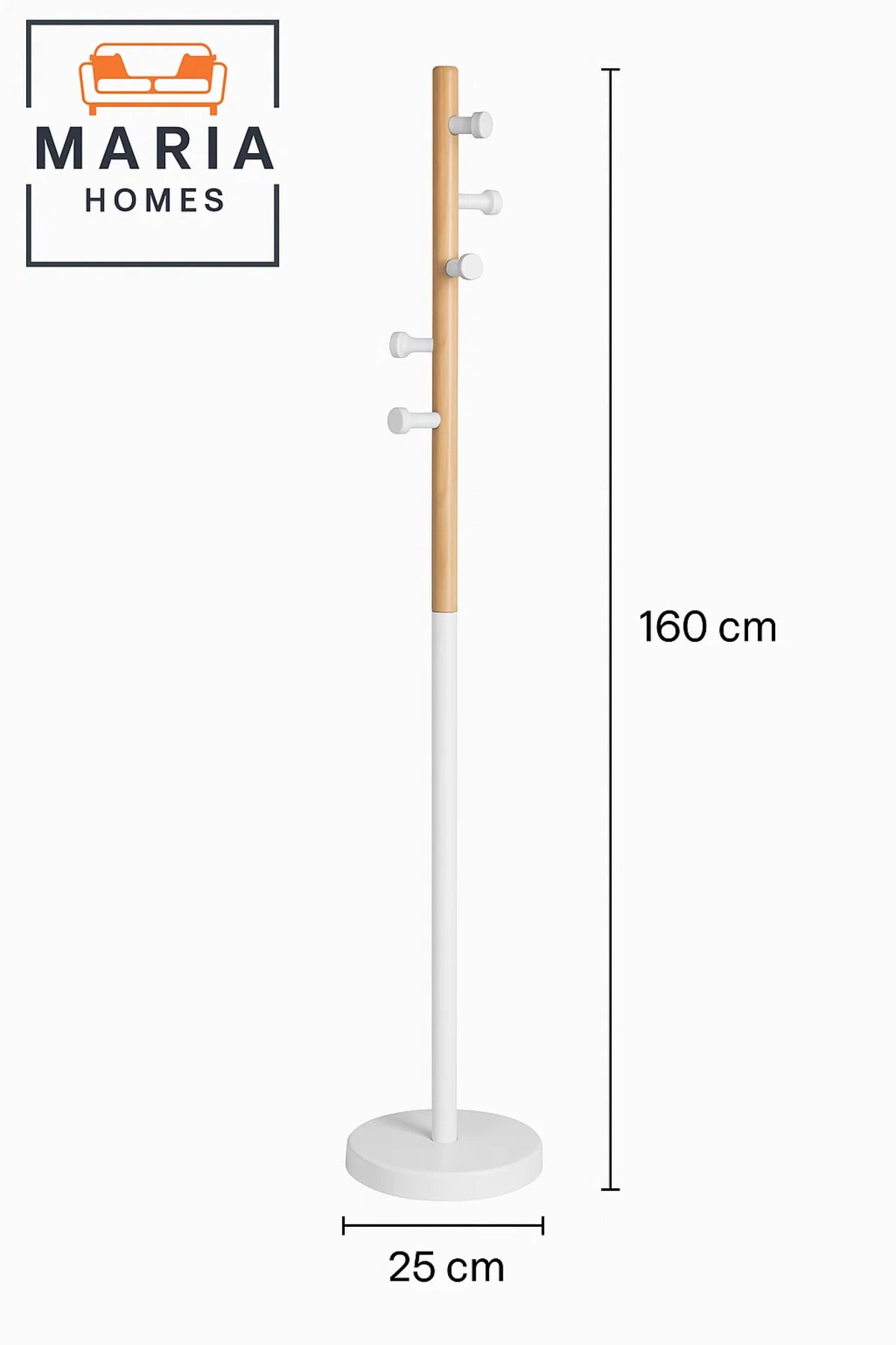 Slim Wooden Coat Rack with White Metal Base and Side Pegs