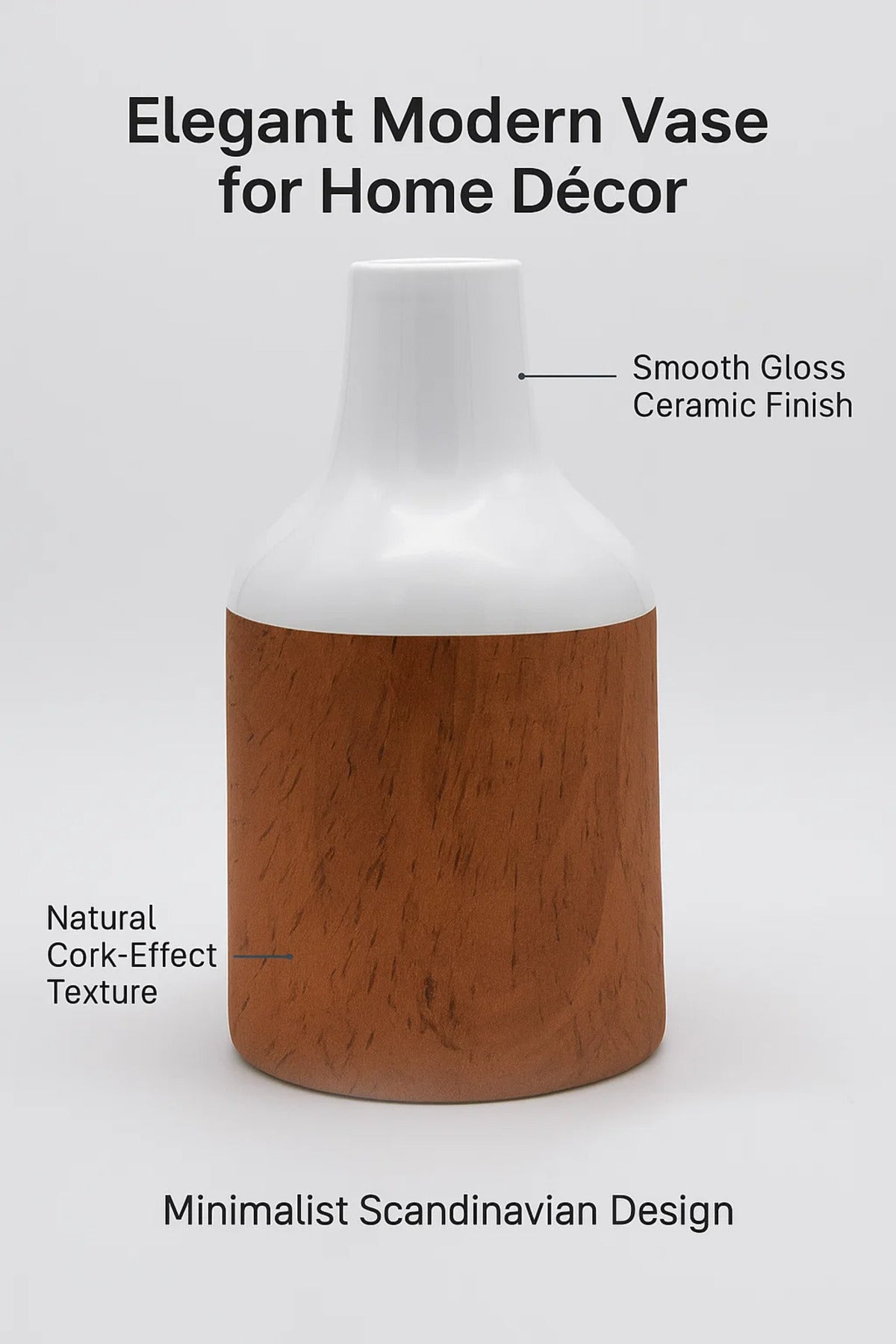 White and Cork Finish Ceramic Vase Ð Glossy Modern Decorative Flower Pot for Home and Office