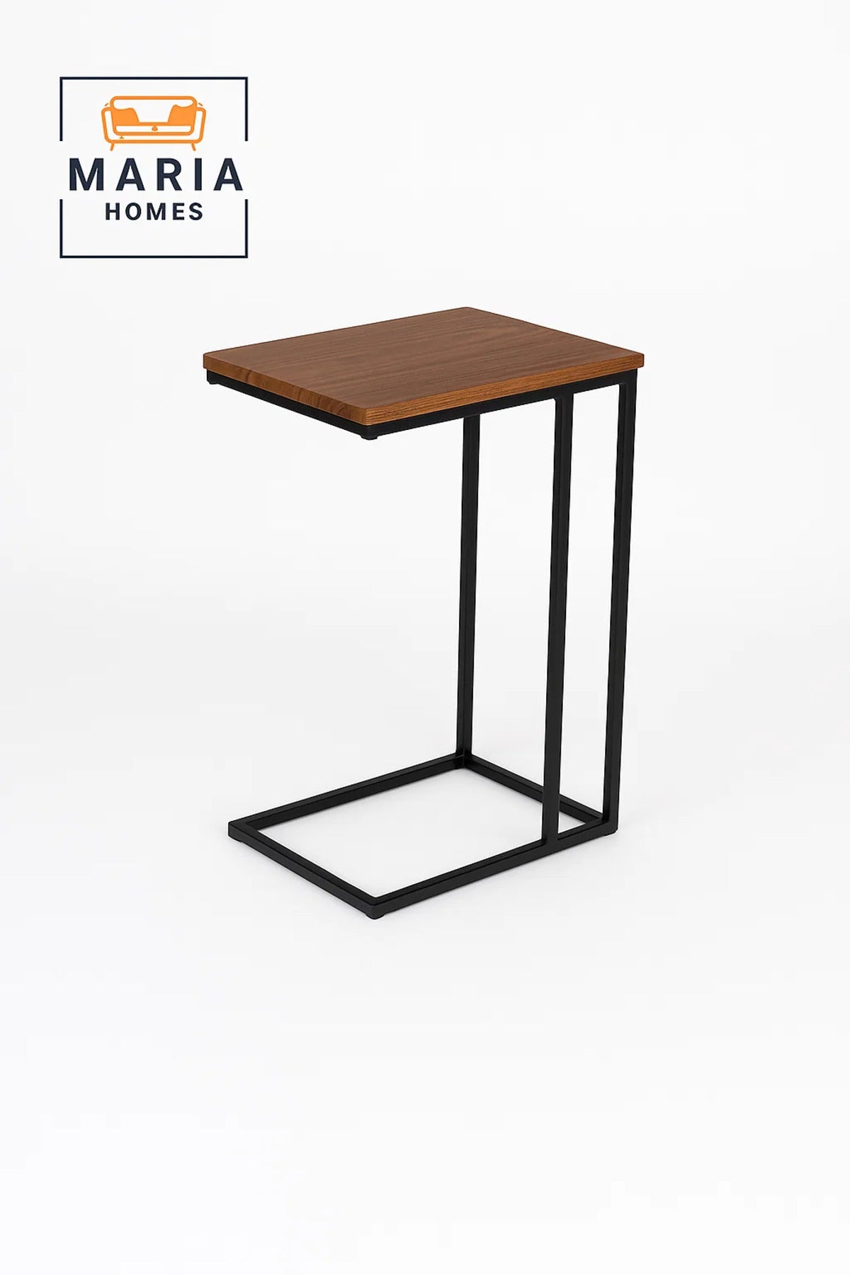 C-Shaped Sofa Side Table with Wood Top and Black Frame