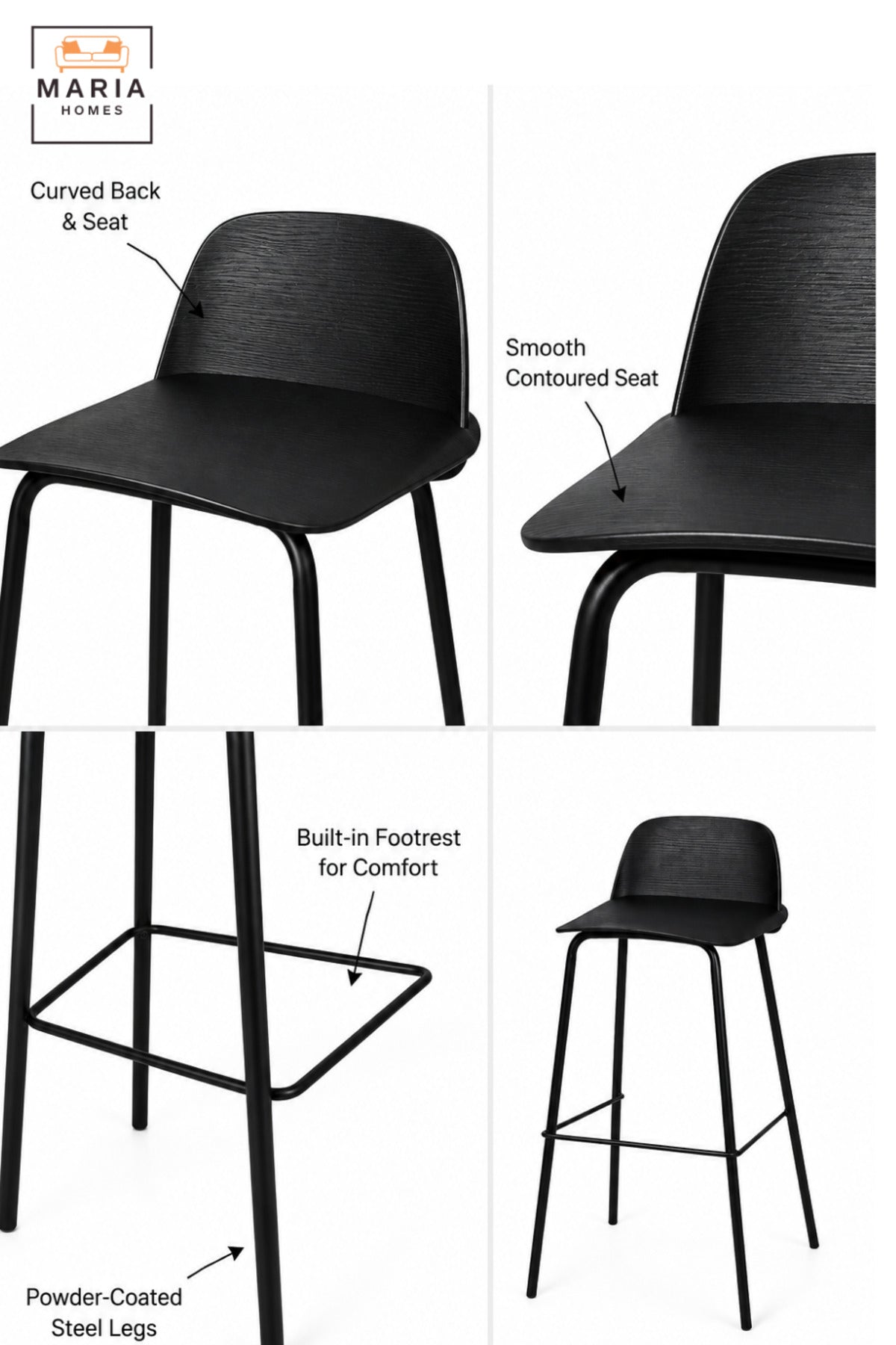 Modern Counter Bar Stool with Curved Backrest, Slim Frame and Integrated Footrest | High Kitchen Stool for Breakfast Bar, Café and Counter