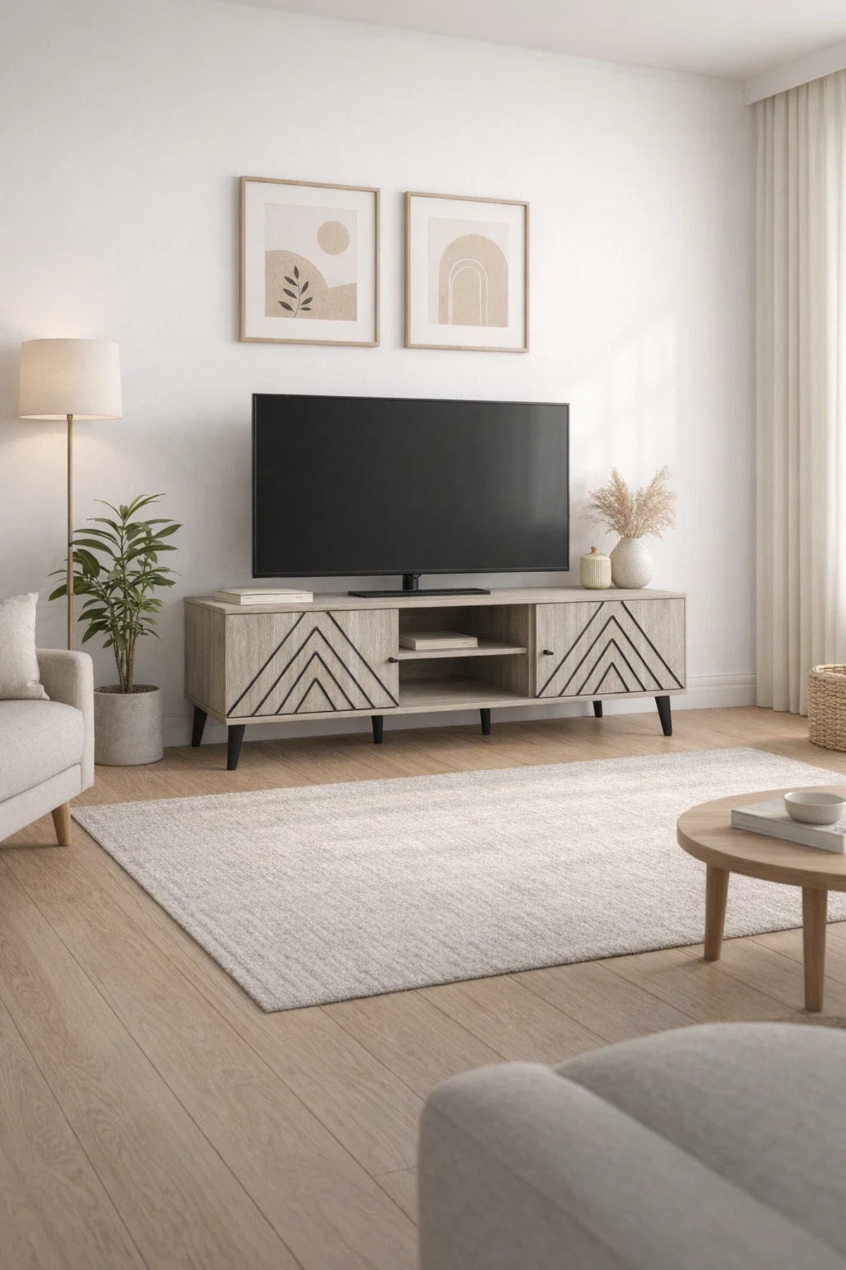 Beige TV Stand Ð 180x40x45 cm Modern Plasma Table with Cabinets & Shelf