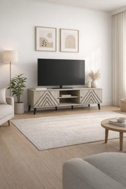 Beige TV Stand Ð 180x40x45 cm Modern Plasma Table with Cabinets & Shelf