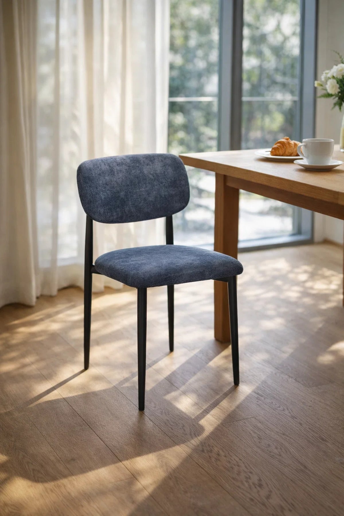 Dark Grey Upholstered Dining Chair with Black Metal Legs Modern Fabric Dining Chair