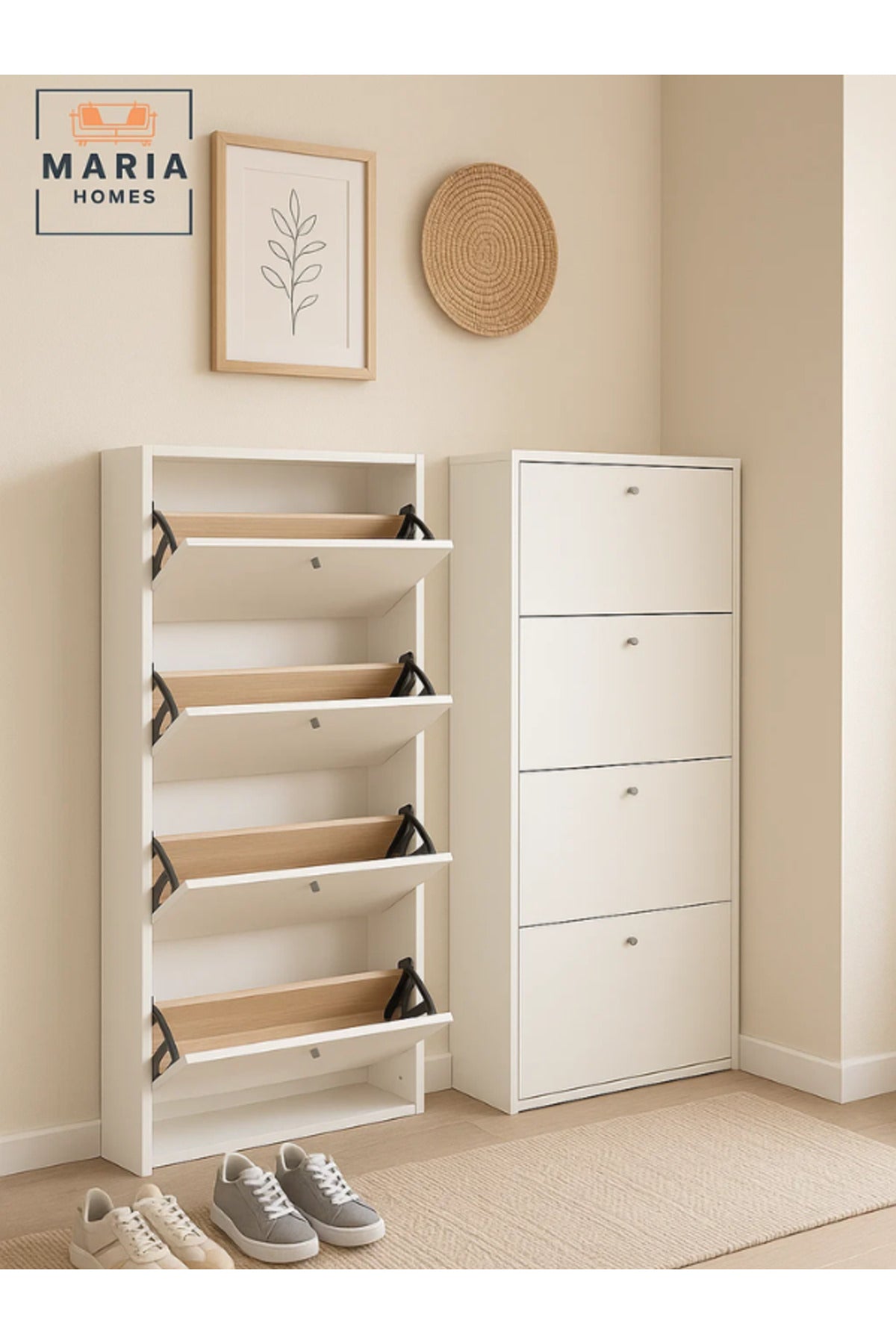 White Wooden Shoe Cabinet Ð 4 Flip Drawers Space Saving Shoe Rack Organizer 62_25_158 cm