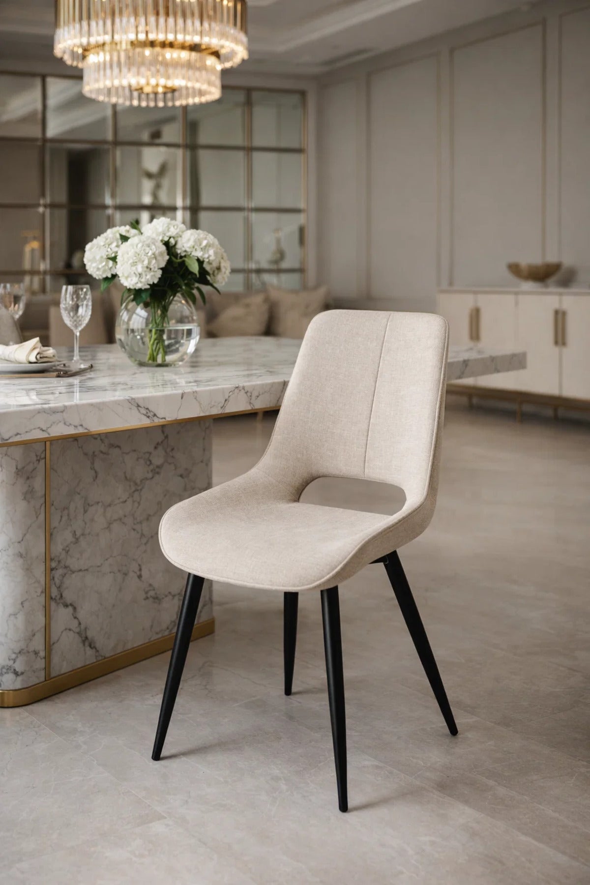 Beige Fabric Dining Chair Modern with Black Legs beige fabric dining Kitchen