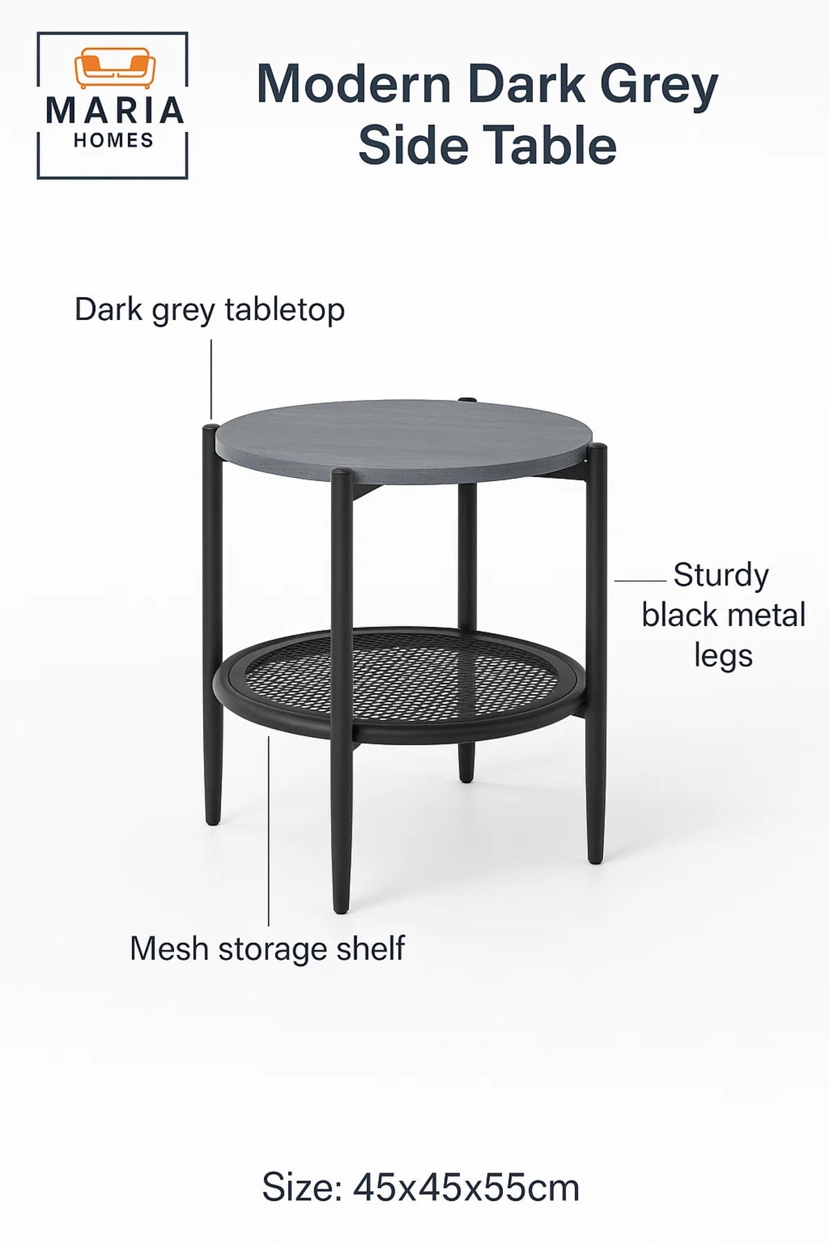 Modern Dark Grey Side Table √ê Round Coffee Table with Storage Shelf 45_45_55 cm