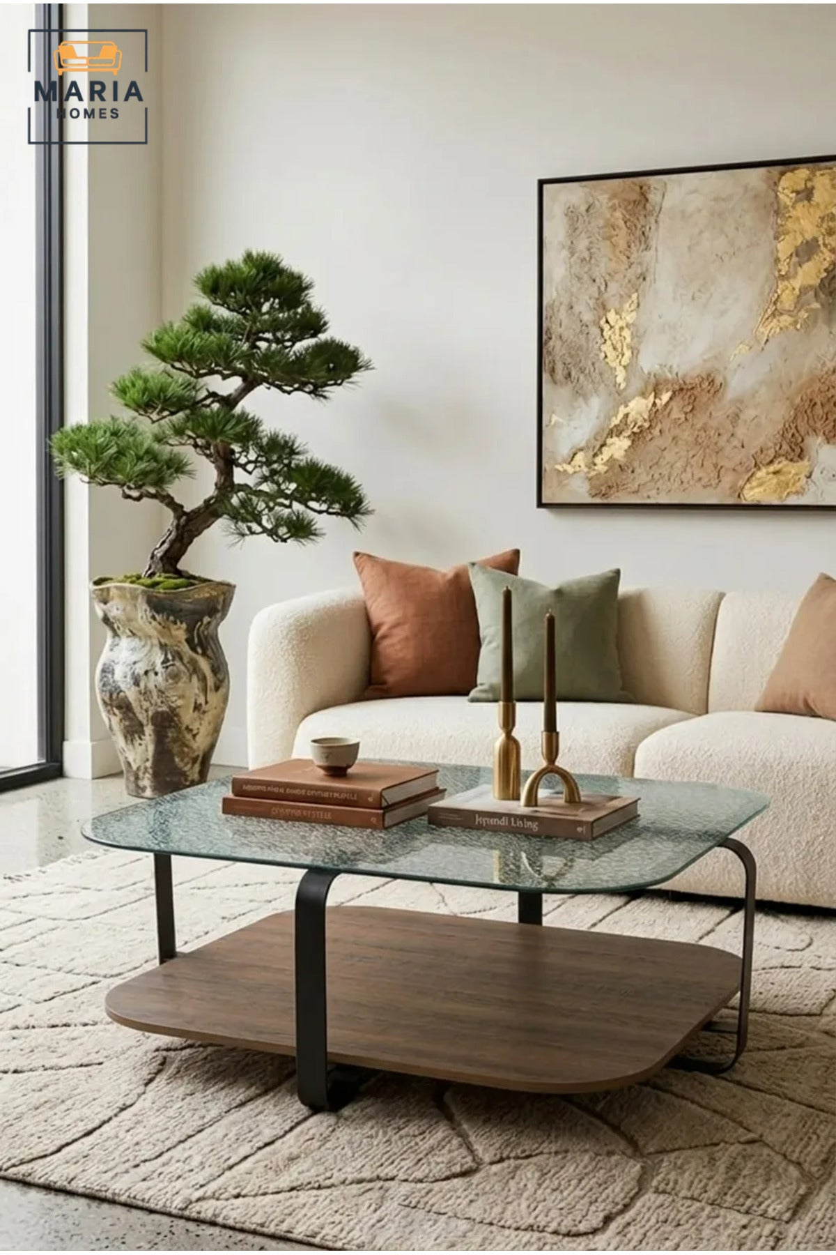 Modern Square Coffee Table with Textured Glass Top, Wooden Lower Shelf and Curved Frame, Two-Level Center Table for Living Room, Lounge and Office