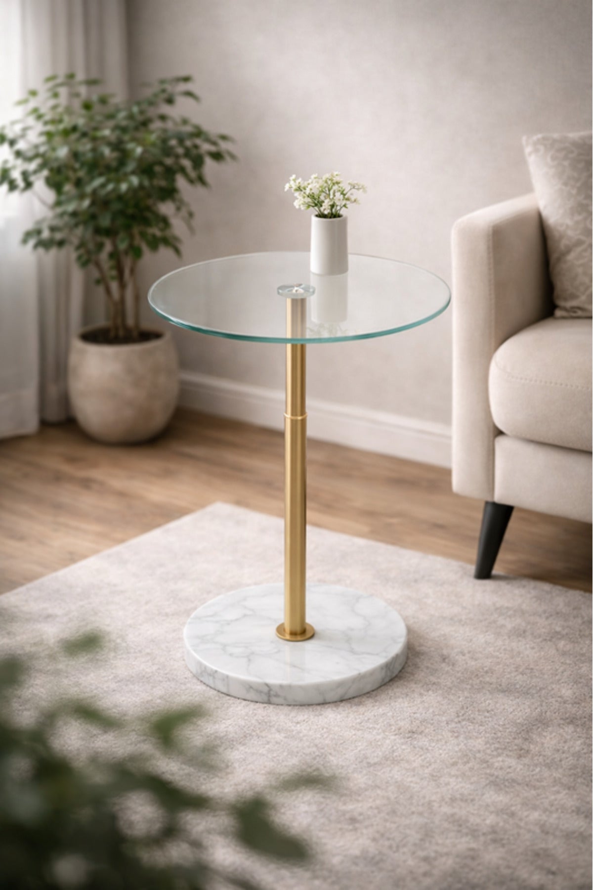 Round Glass Side Table with Gold Column and Marble Base 35_35_56 cm Accent round glass