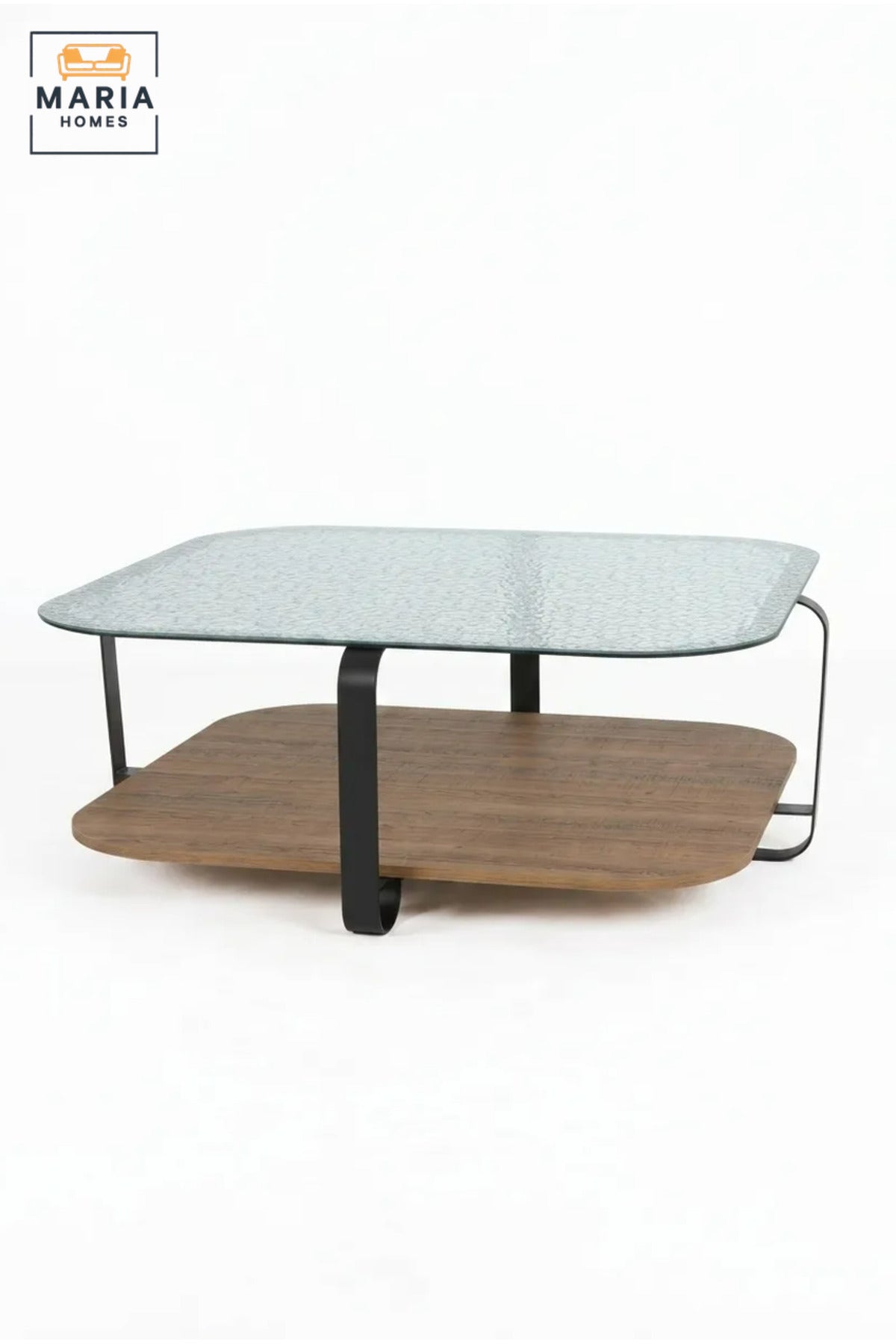 Modern Square Coffee Table with Textured Glass Top, Wooden Lower Shelf and Curved Frame, Two-Level Center Table for Living Room, Lounge and Office
