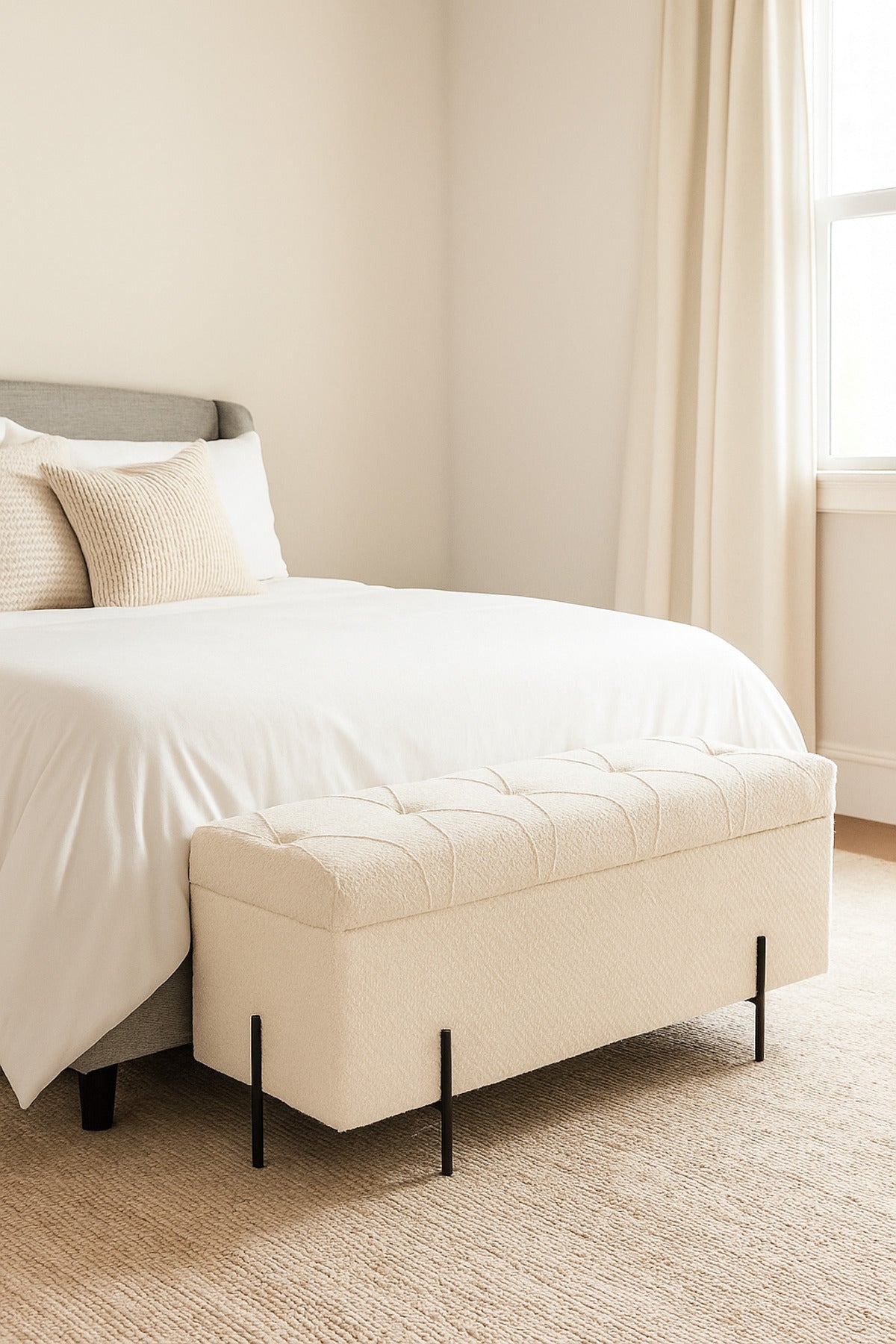 White Storage Bench with Tufted Seat & Black Metal Legs Ð Modern Ottoman 110_43_49 cm