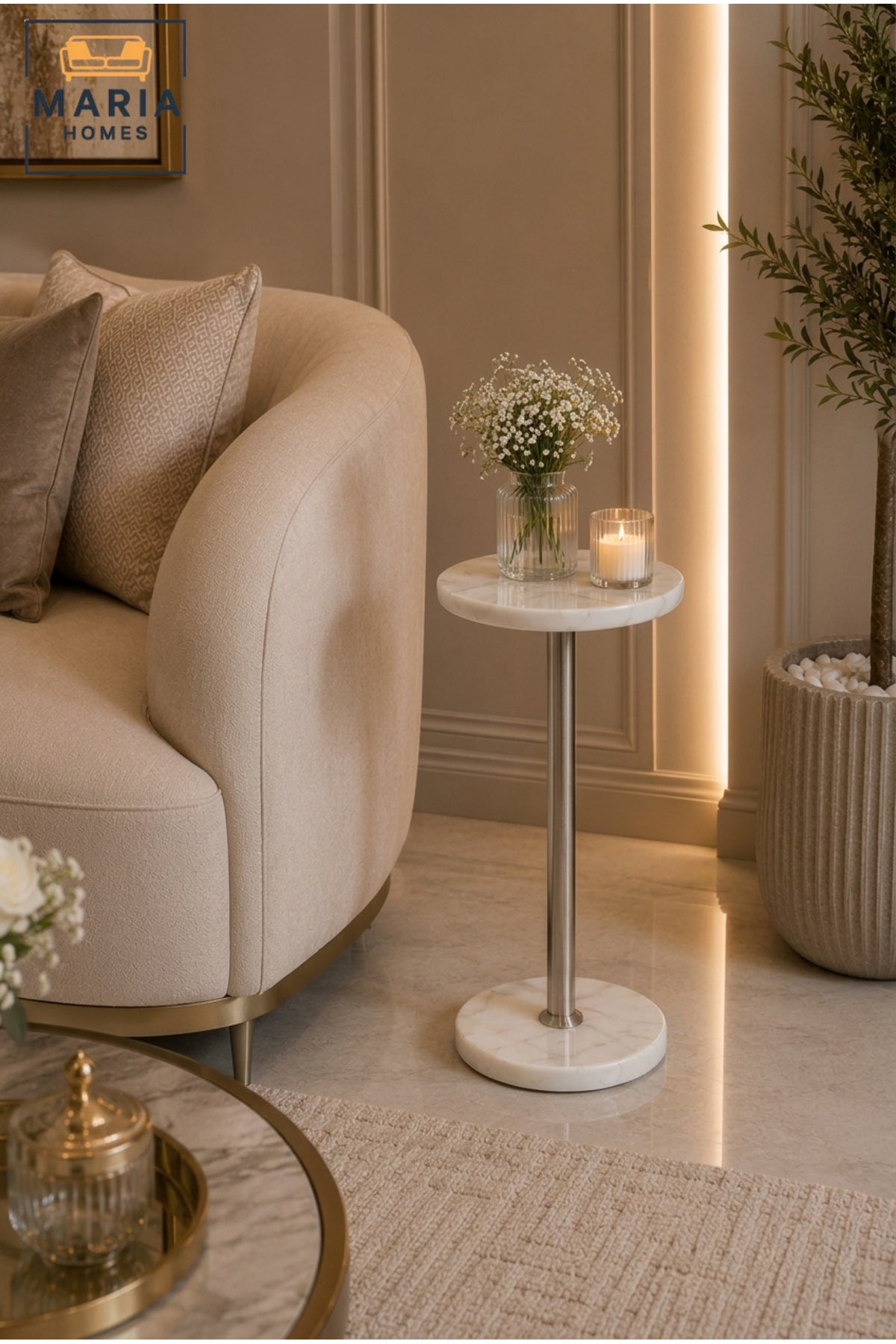 Modern Marble Side Table Round End Table Accent Table for Living Room Bedroom White Silver