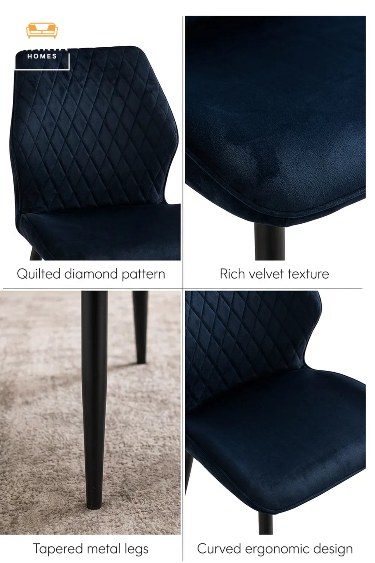 Navy Blue Velvet Dining Chair with Diamond Quilted Backrest √ê Modern Upholstered Dining Chair with Black Metal Legs for Dining Room, Kitchen & Caf≈Ω