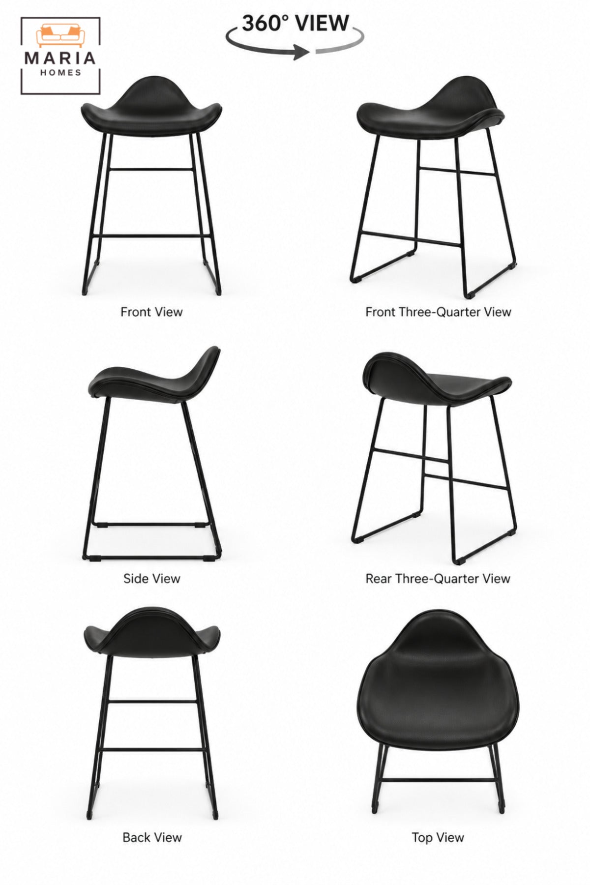 Black Bar Chair | Modern High Bar Chair with Curved Padded Seat, Low Back Support & Slim Frame for Kitchen Counter, Café and Home Bar 60x47x45cm