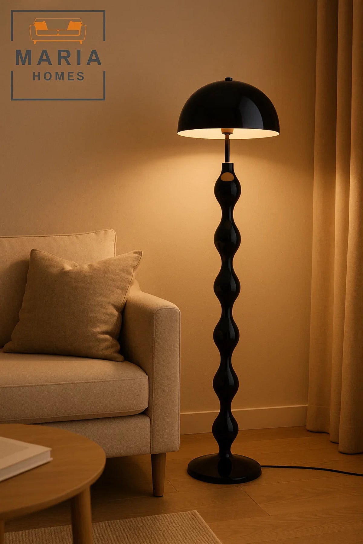 Sculptural Glossy Black Floor Lamp with Dome Shade