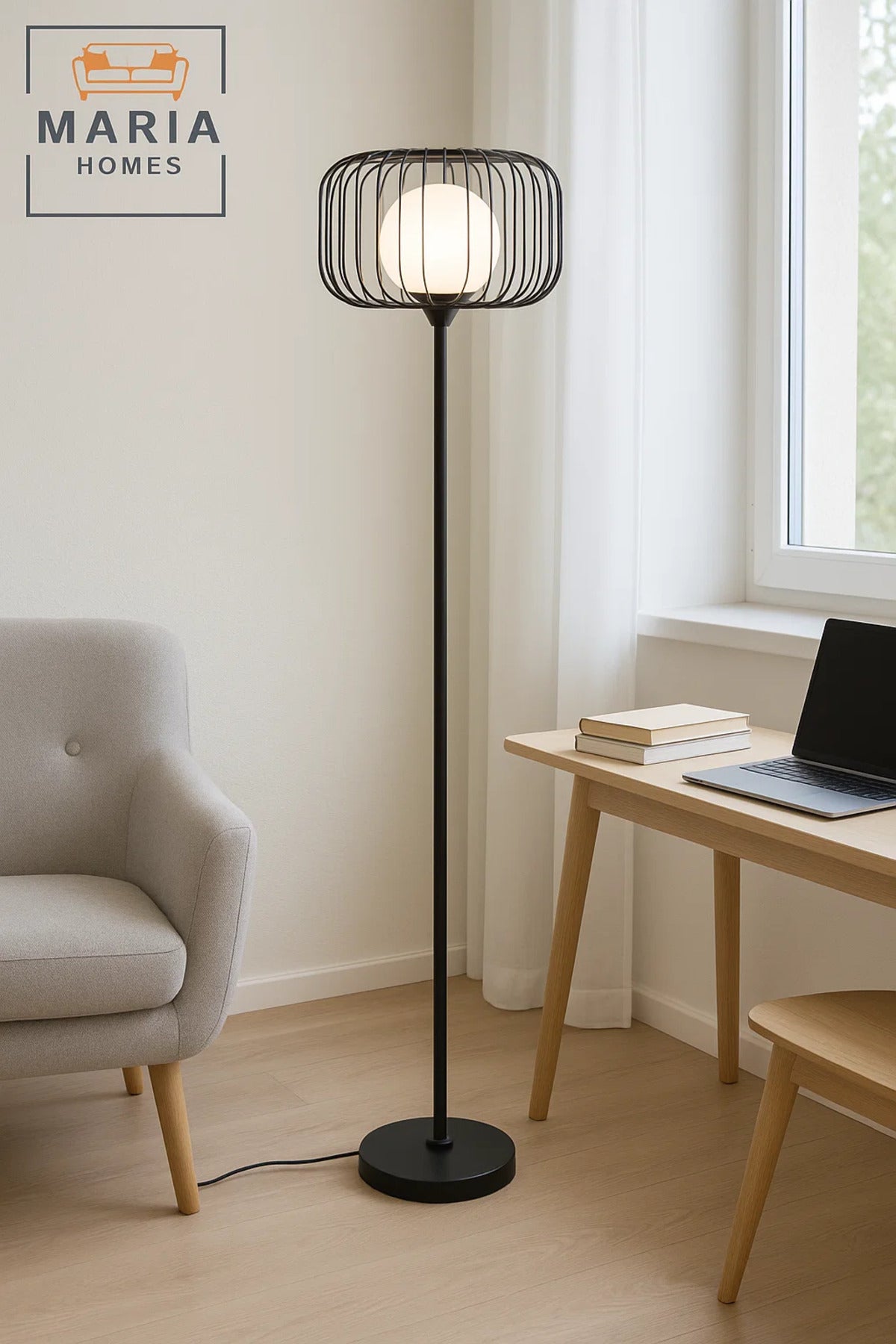 Black Floor Lamp with Wire Cage Shade